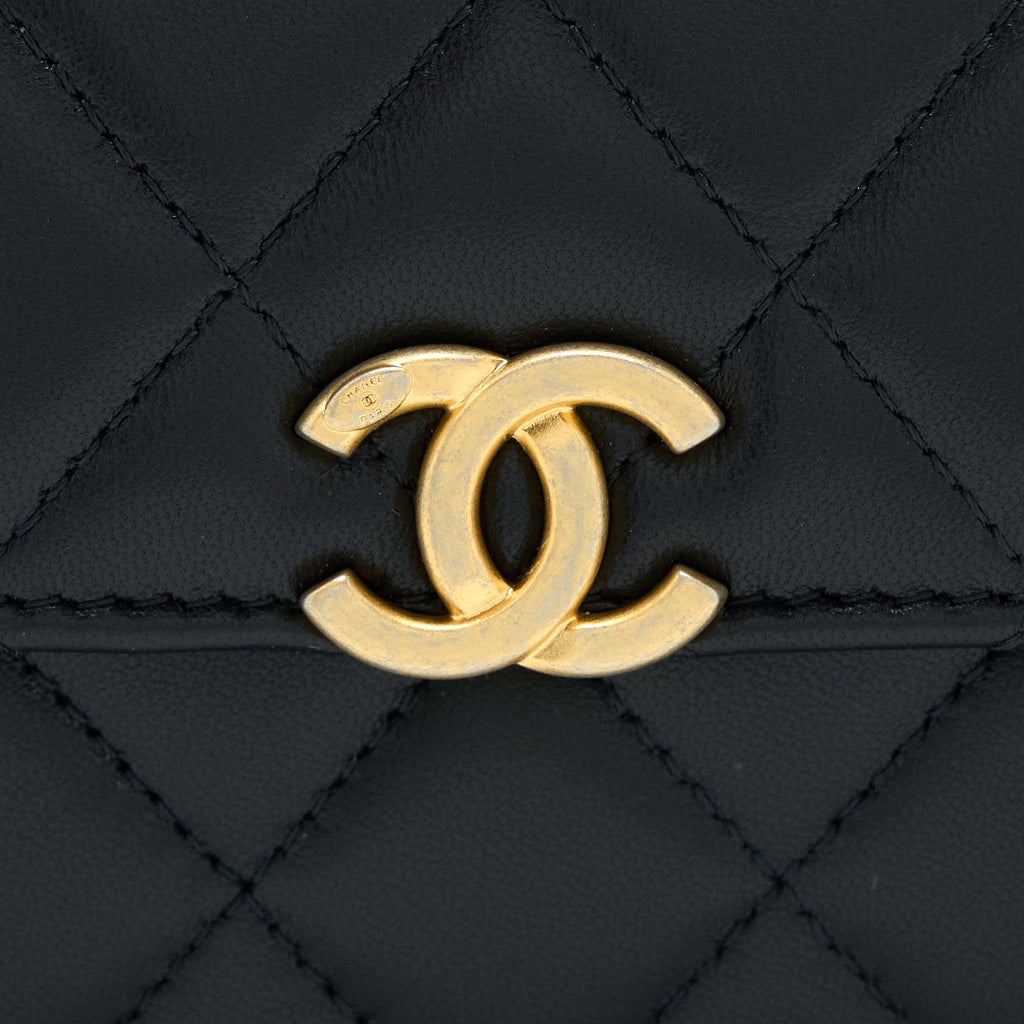 CHANEL 22B FLAP BAG WITH ENAMEL TOP HANDLE LAMBSKIN BLACK GHW