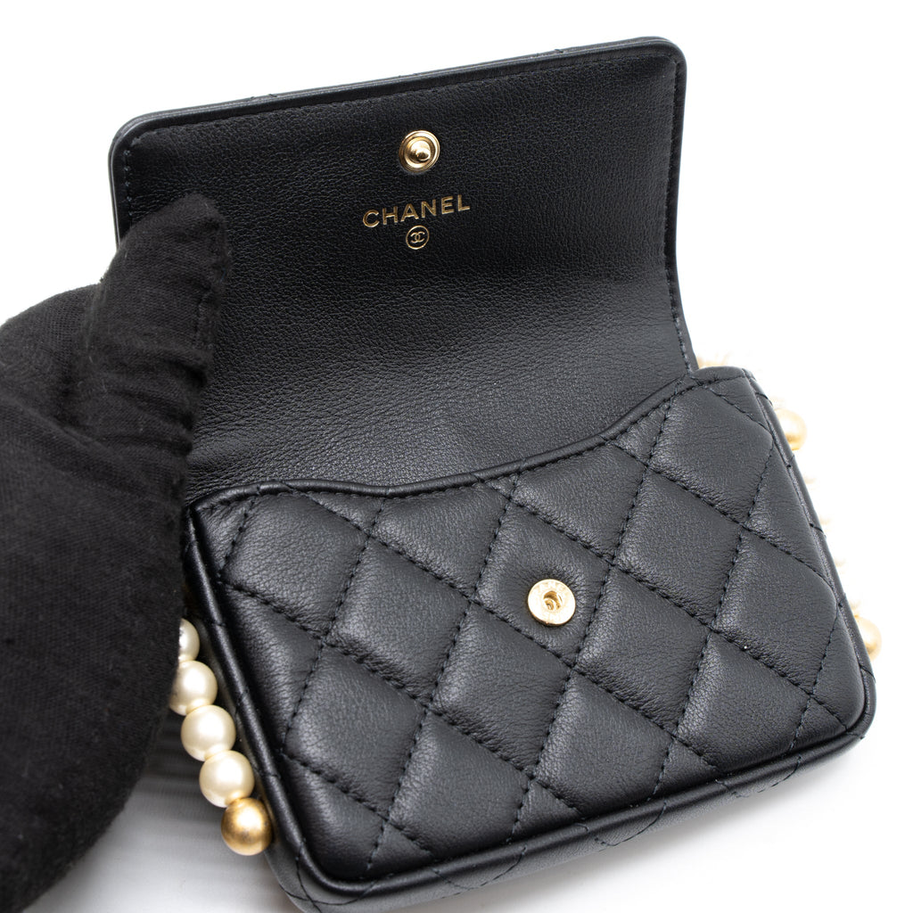 CHANEL PEARL CHAIN MINI FLAP BAG LAMBSKIN BLACK BRUSHED GHW