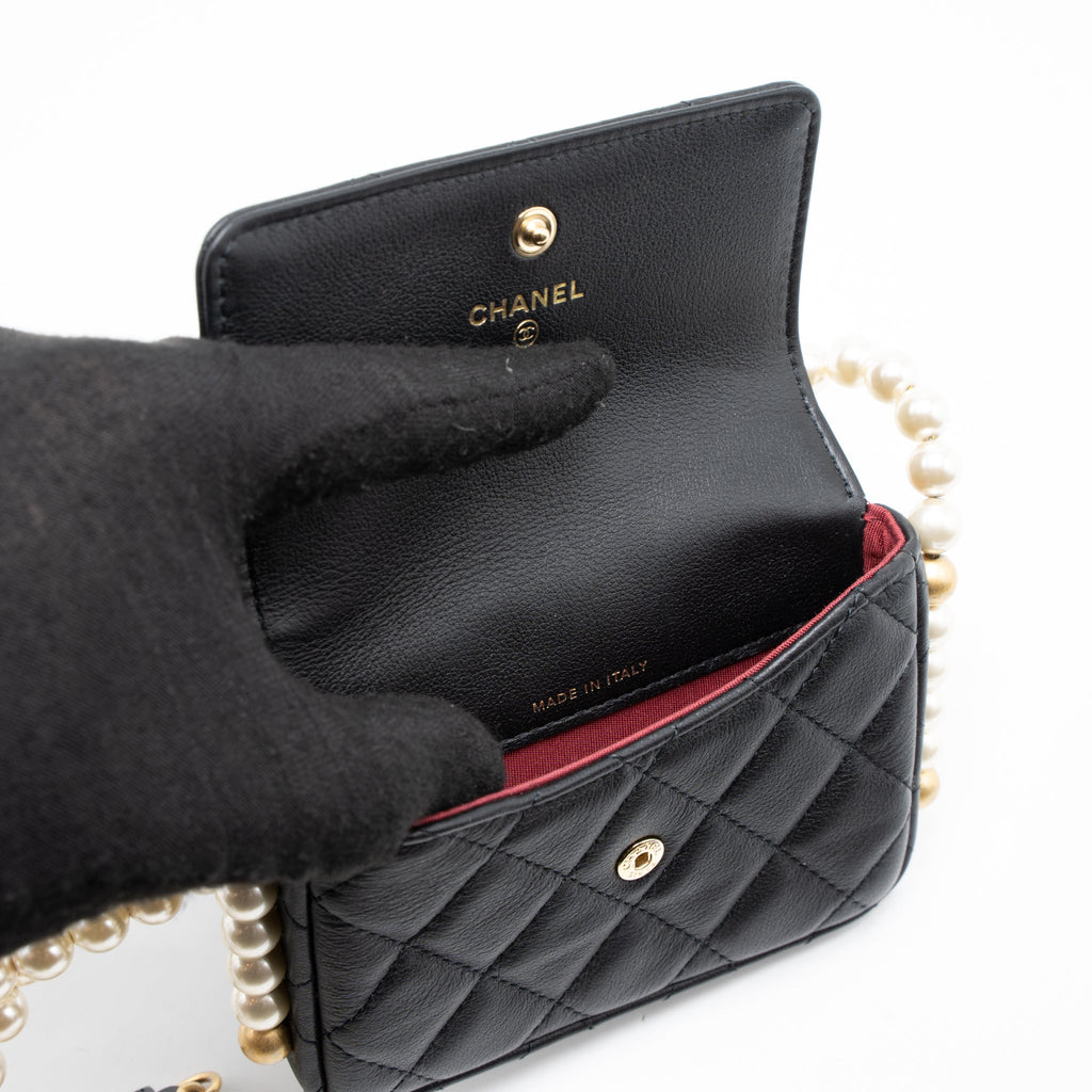 CHANEL PEARL CHAIN MINI FLAP BAG LAMBSKIN BLACK BRUSHED GHW