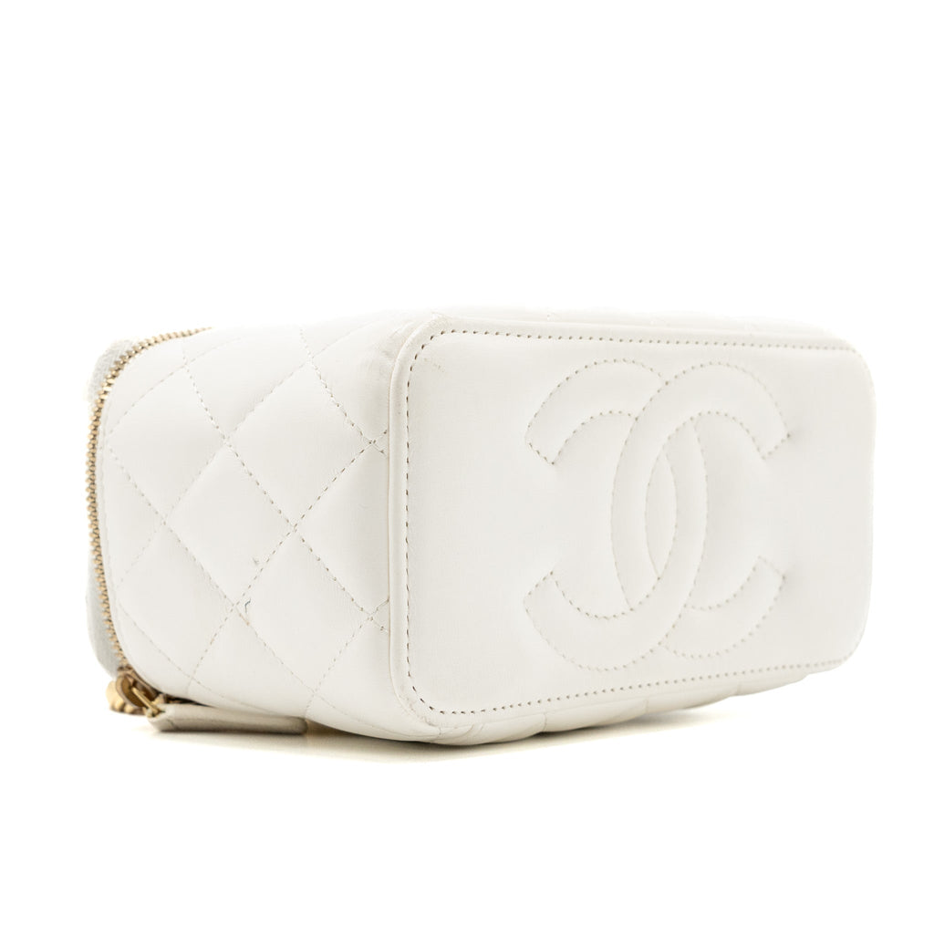 CHANEL LETTER/CC LOGO CHAIN LONG VANITY CASE LAMBSKIN WHITE GHW(MICROCHIP)