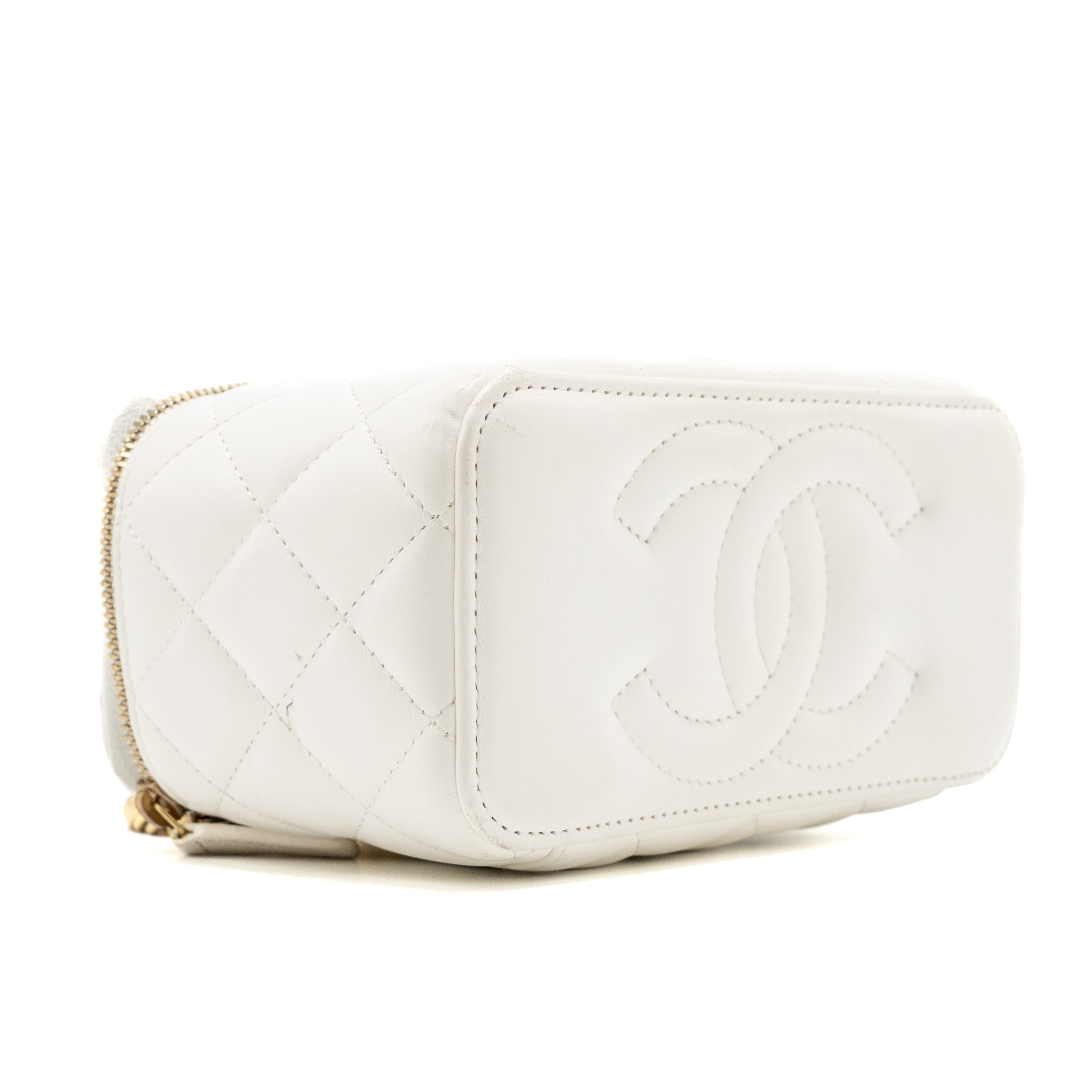 CHANEL LETTER/CC LOGO CHAIN LONG VANITY CASE LAMBSKIN WHITE GHW(MICROCHIP)