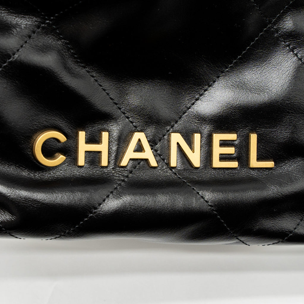 CHANEL MINI 22 BAG SHINY CALFSKIN BLACK BRUSHED GHW (MICROCHIP)