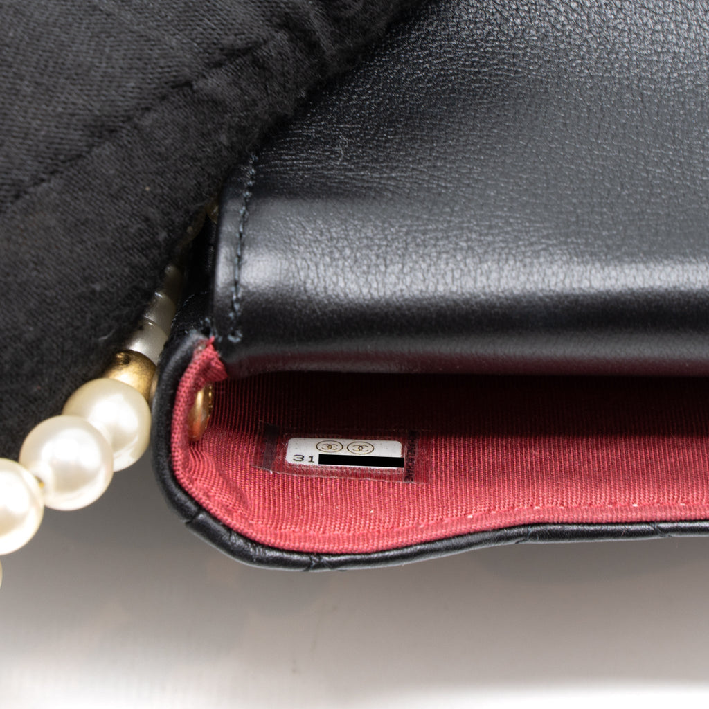 CHANEL PEARL CHAIN MINI FLAP BAG LAMBSKIN BLACK BRUSHED GHW