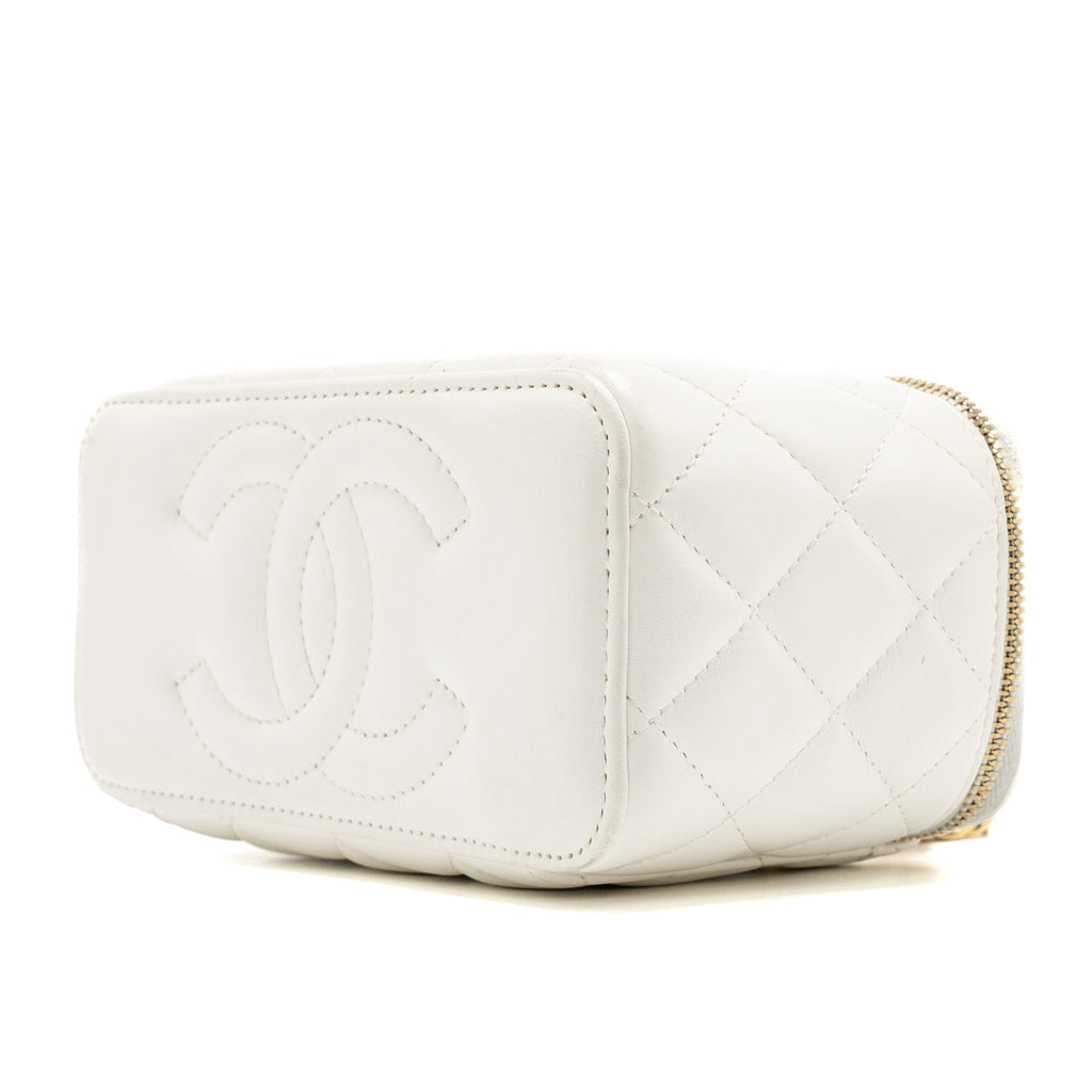 CHANEL LETTER/CC LOGO CHAIN LONG VANITY CASE LAMBSKIN WHITE GHW(MICROCHIP)