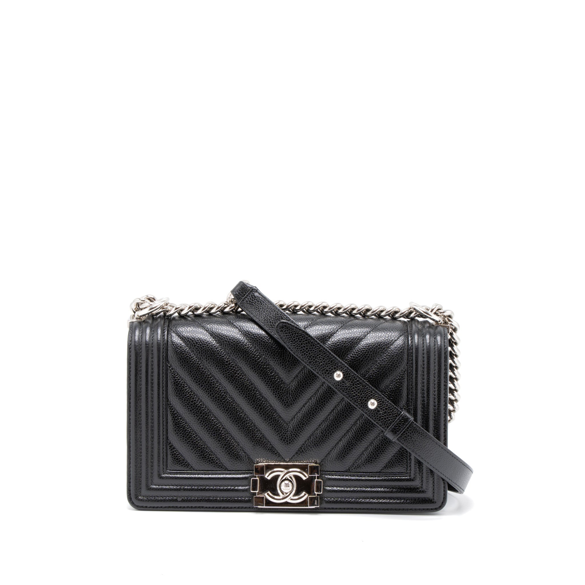 CHANEL MEDIUM BOY BAG CHEVRON CAVIAR BLACK SHW