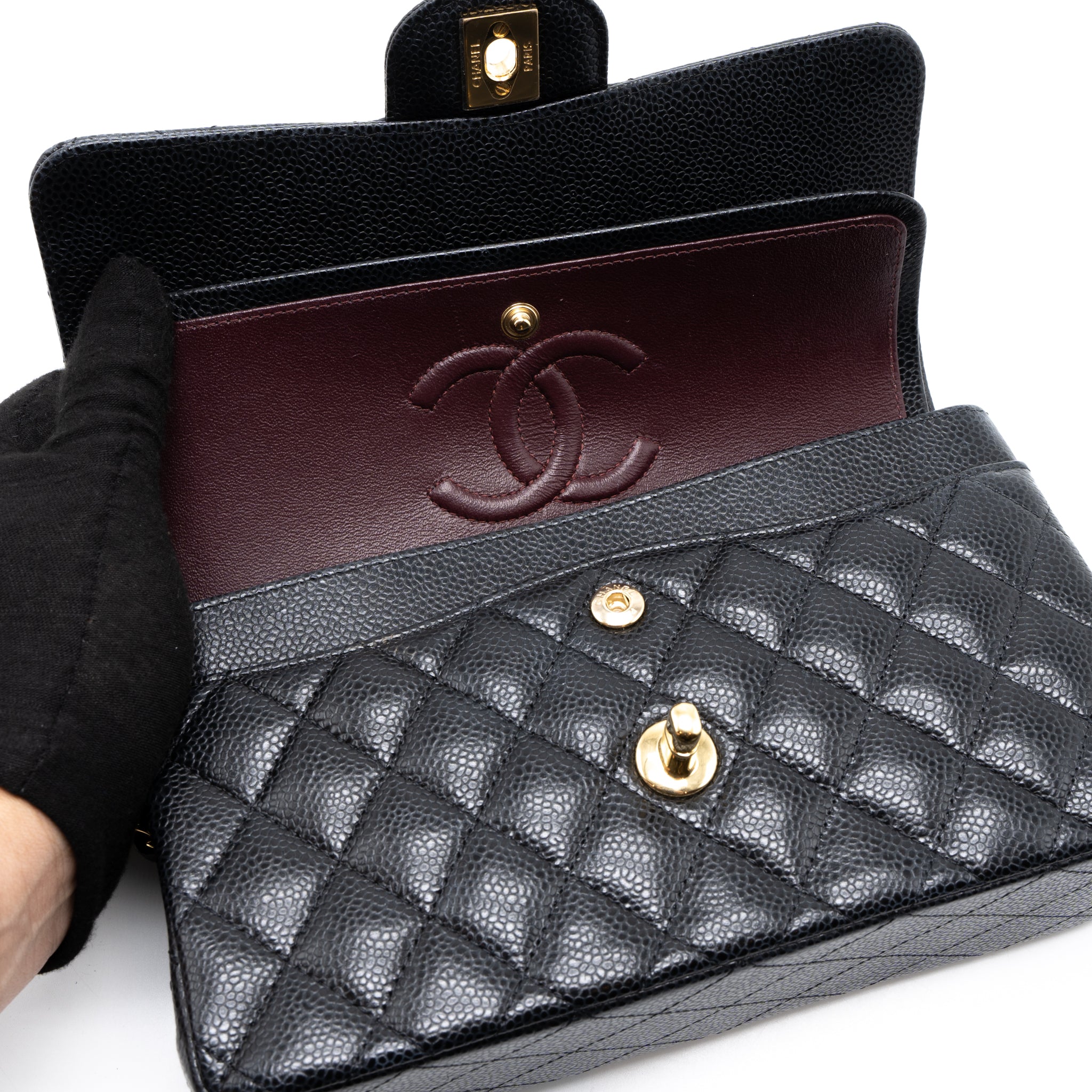 CHANEL SMALL CLASSIC DOUBLE FLAP BAG CAVIAR BLACK GHW (MICROCHIP)
