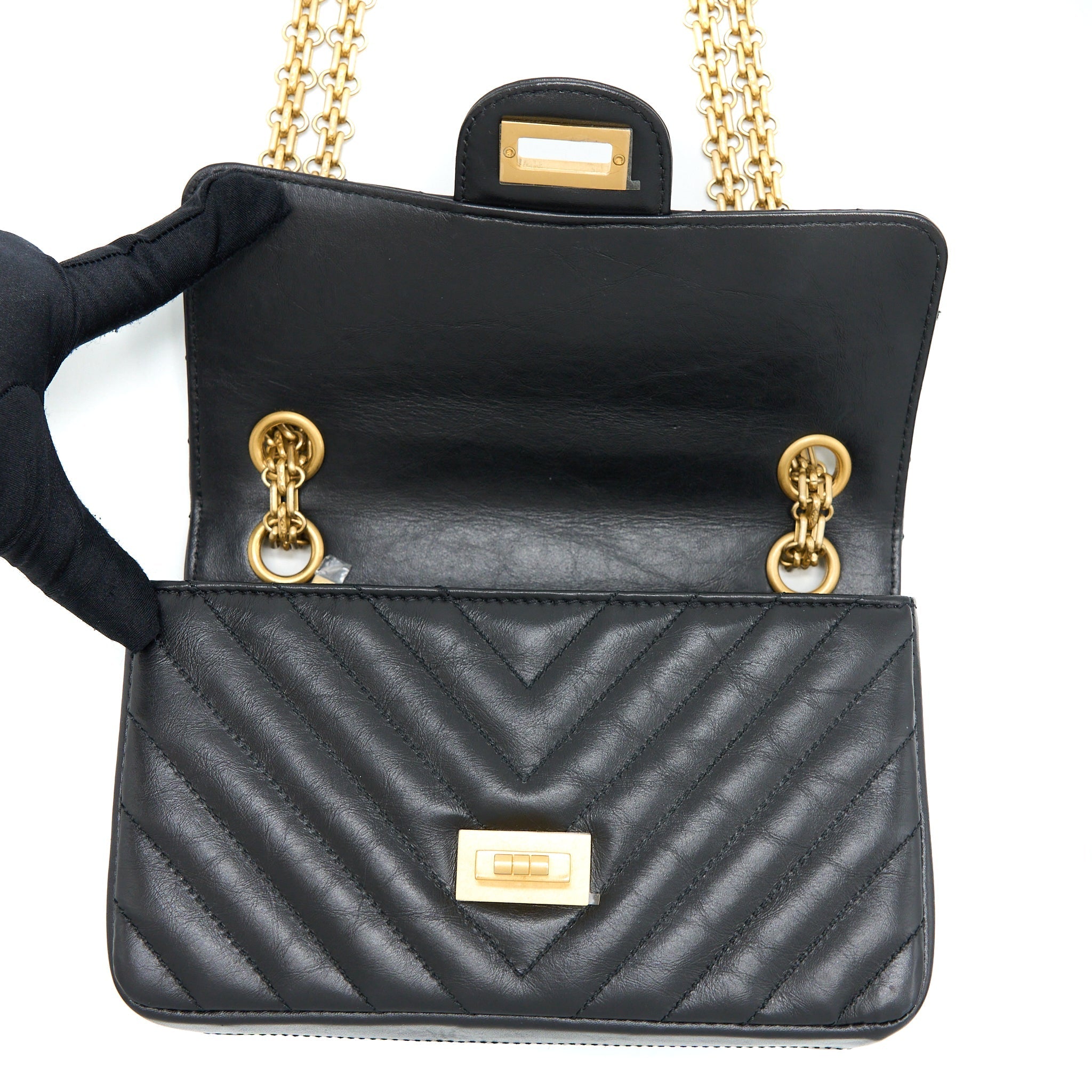 CHANEL 2.55 REISSUE MINI CHEVRON FLAP BAG AGED CALFSKIN  BLACK GHW