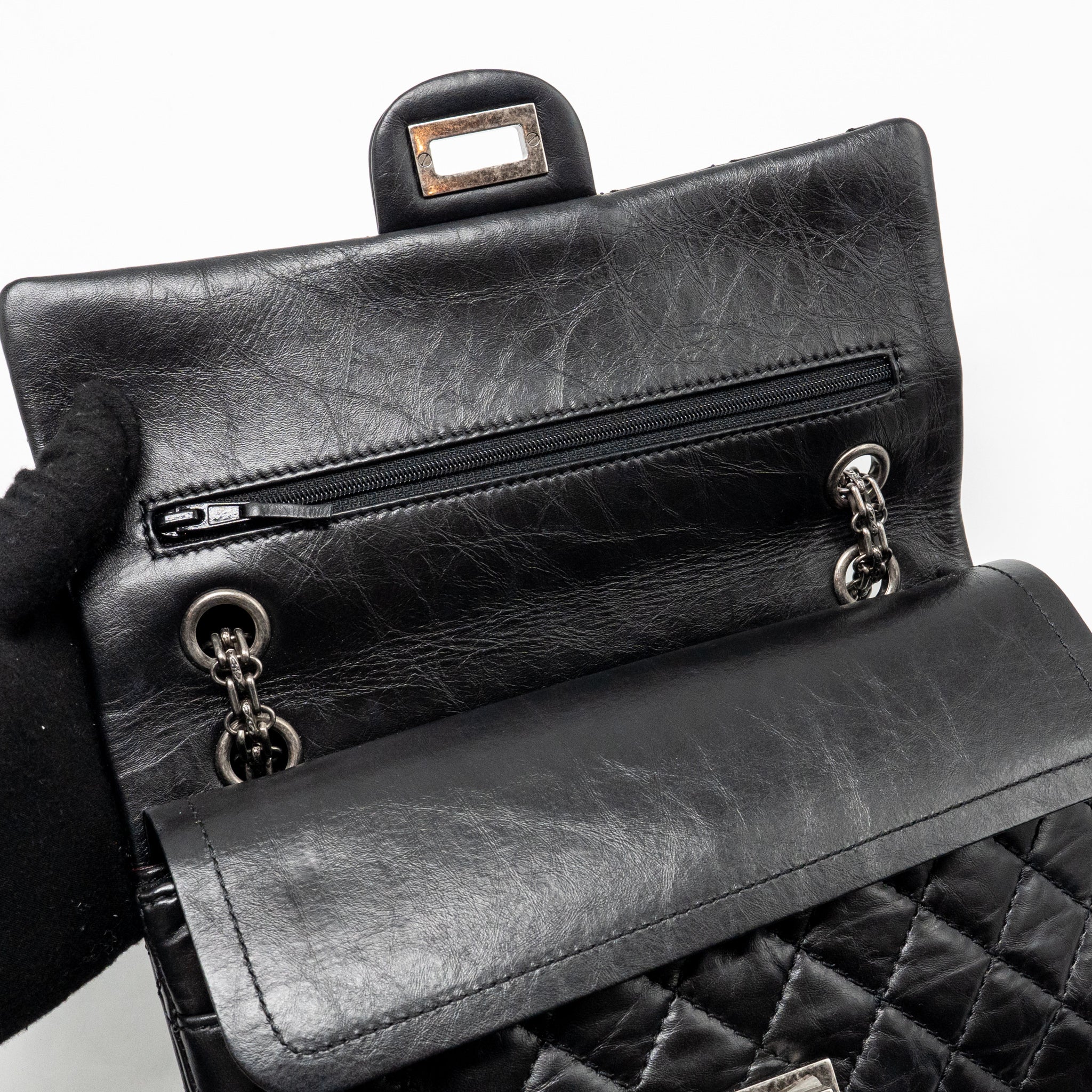CHANEL SMALL 2.55 REISSUE FLAP BAG AGED CALFSKIN BLACK SHW