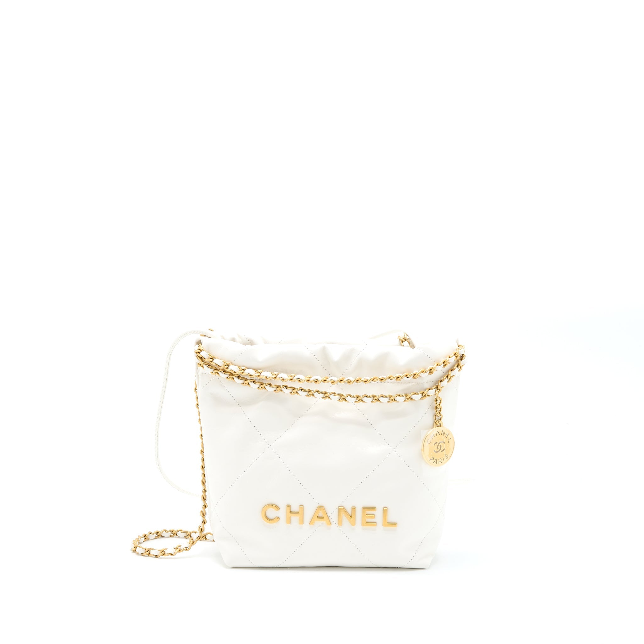 CHANEL MINI 22 BAG SHINY CALFSKIN WHITE BRUSHED GHW (MICROCHIP)
