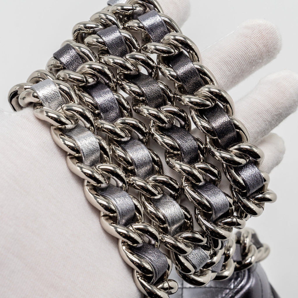 CHANEL 22C COCO PUNK PURSE WITH GIANT CHAIN LAMBSKIN METALLIC SILVER/BLACK SHW