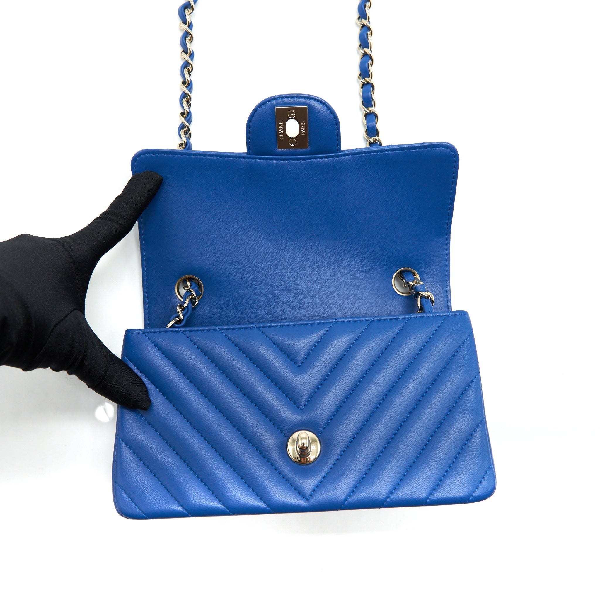 CHANEL MINI RECTANGULAR FLAP BAG CHEVRON LAMBSKIN BLUE LGHW