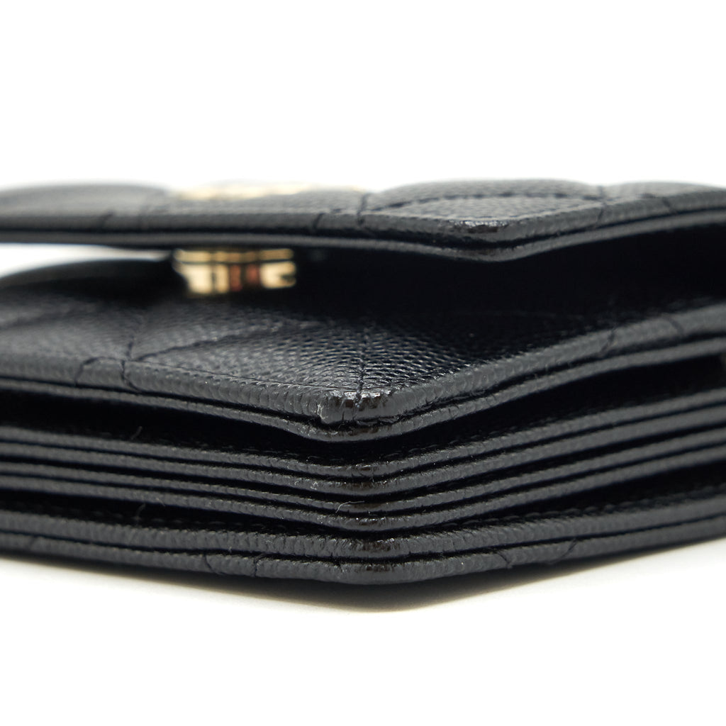 CHANEL CAVIAR CARD HOLER WITH CHAIN AND BAG CHARM BLACK LGHW