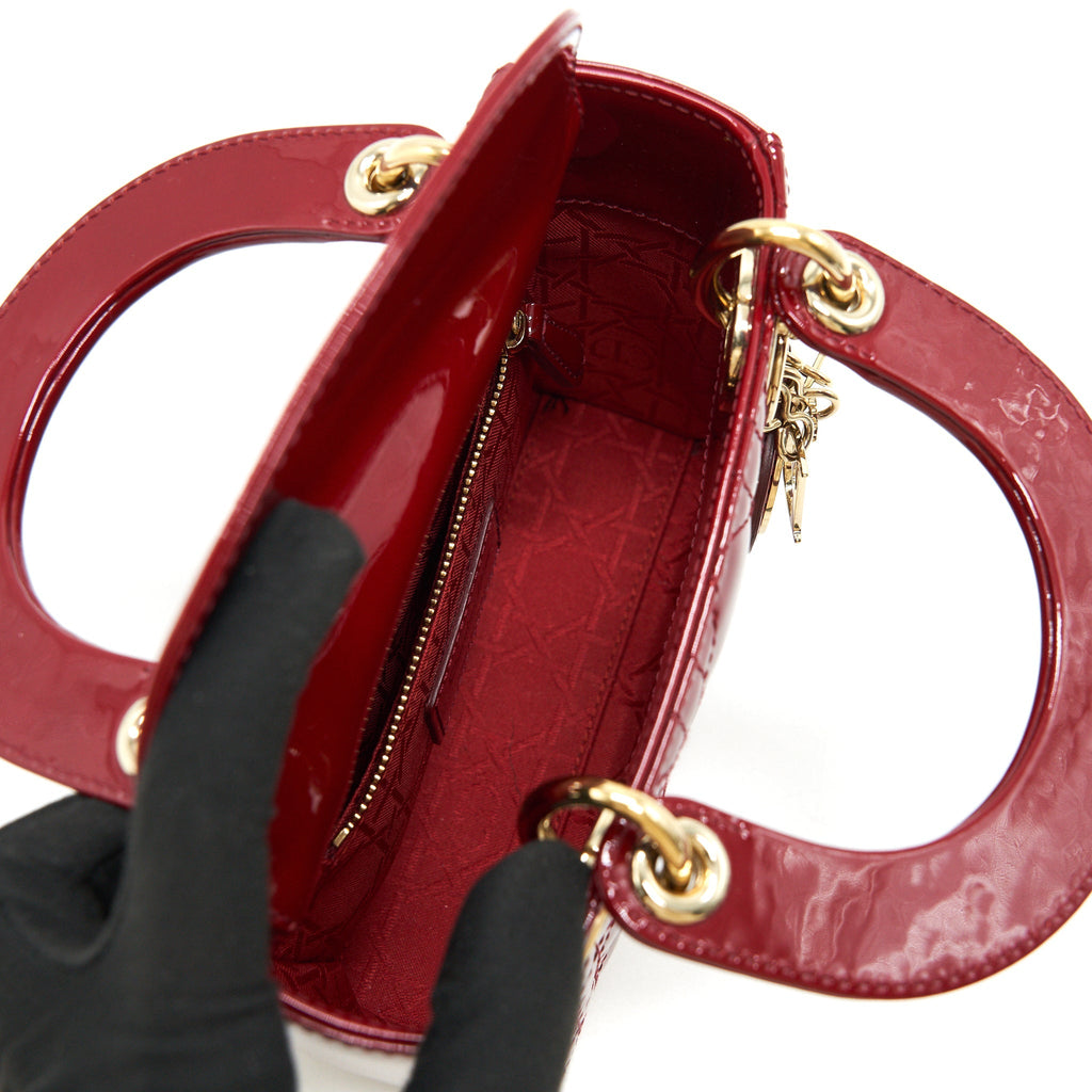 DIOR MINI LADY DIOR PATENT LEATHER RED WITH GHW