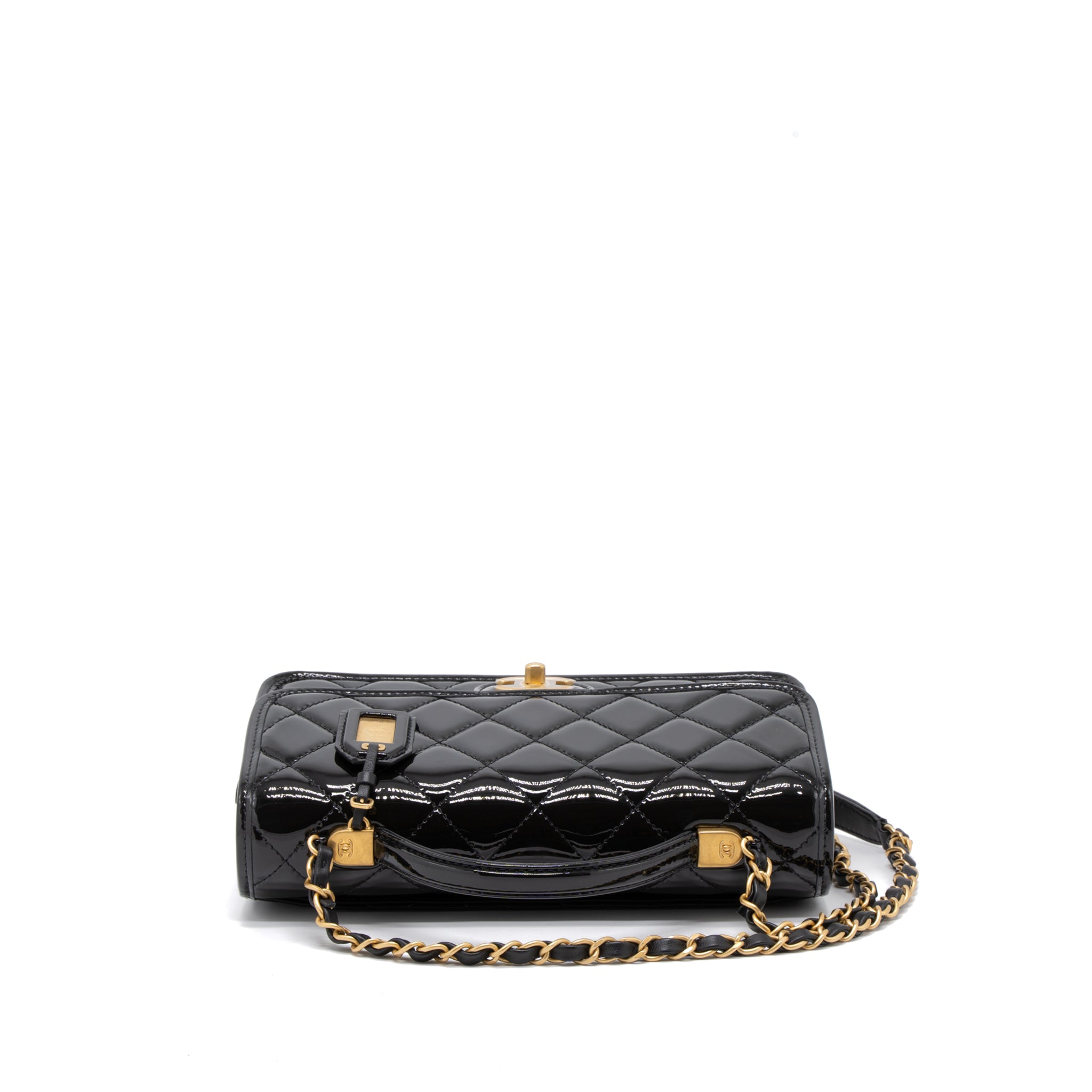 CHANEL 22K TOP HANDLE MESSENGER BAG PATENT LEATHER BLACK BRUSHED GHW (MICROCHIP)