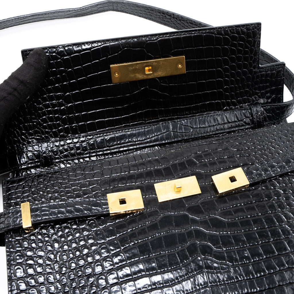 SAINT LAURENT MANHATTAN SHOULDER BAG CROCODILE-EMBOSSED BLACK GHW
