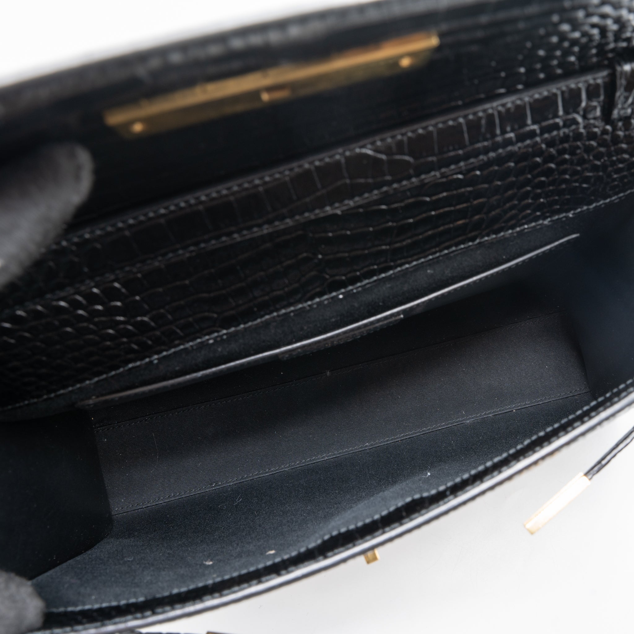 SAINT LAURENT MANHATTAN SHOULDER BAG CROCODILE-EMBOSSED BLACK GHW