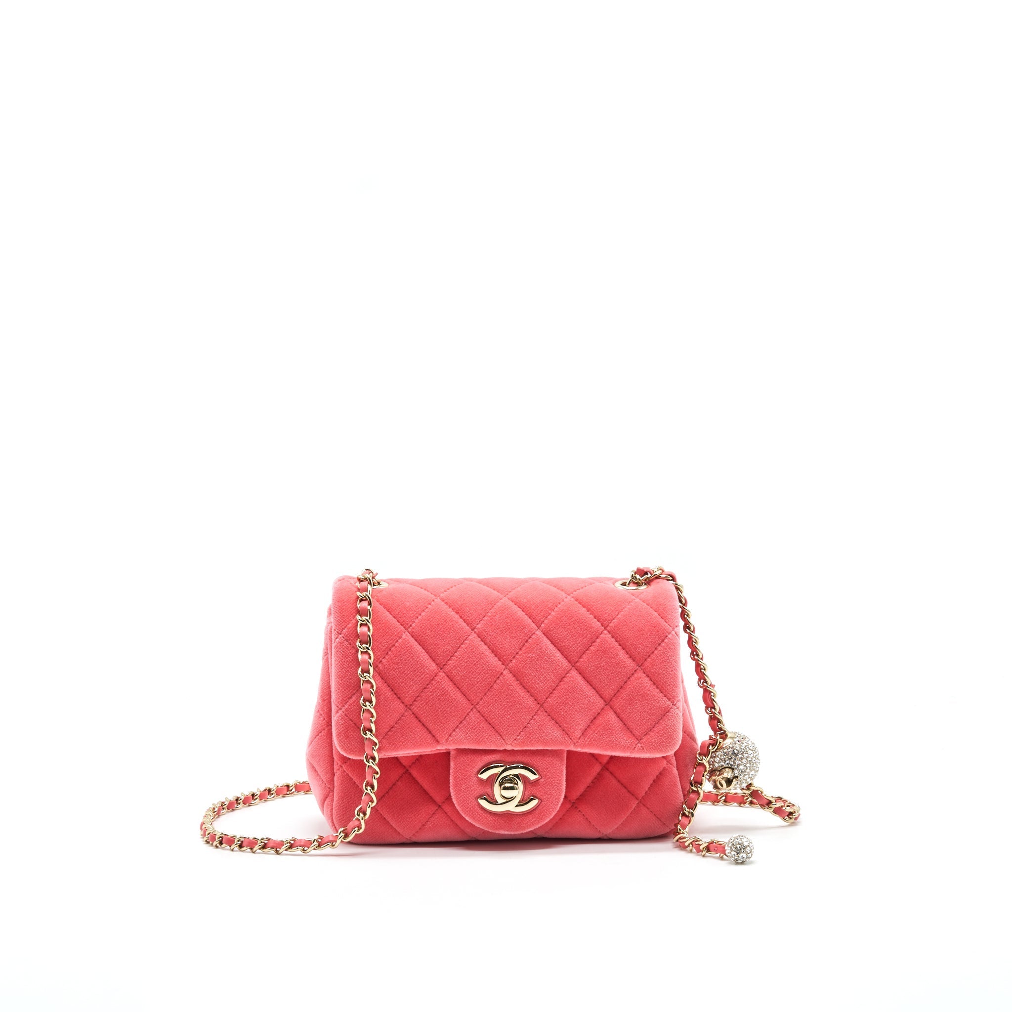 CHANEL VELVET QUILTED MINI SQUARE PEARL CRUSH FLAP BAG PINK