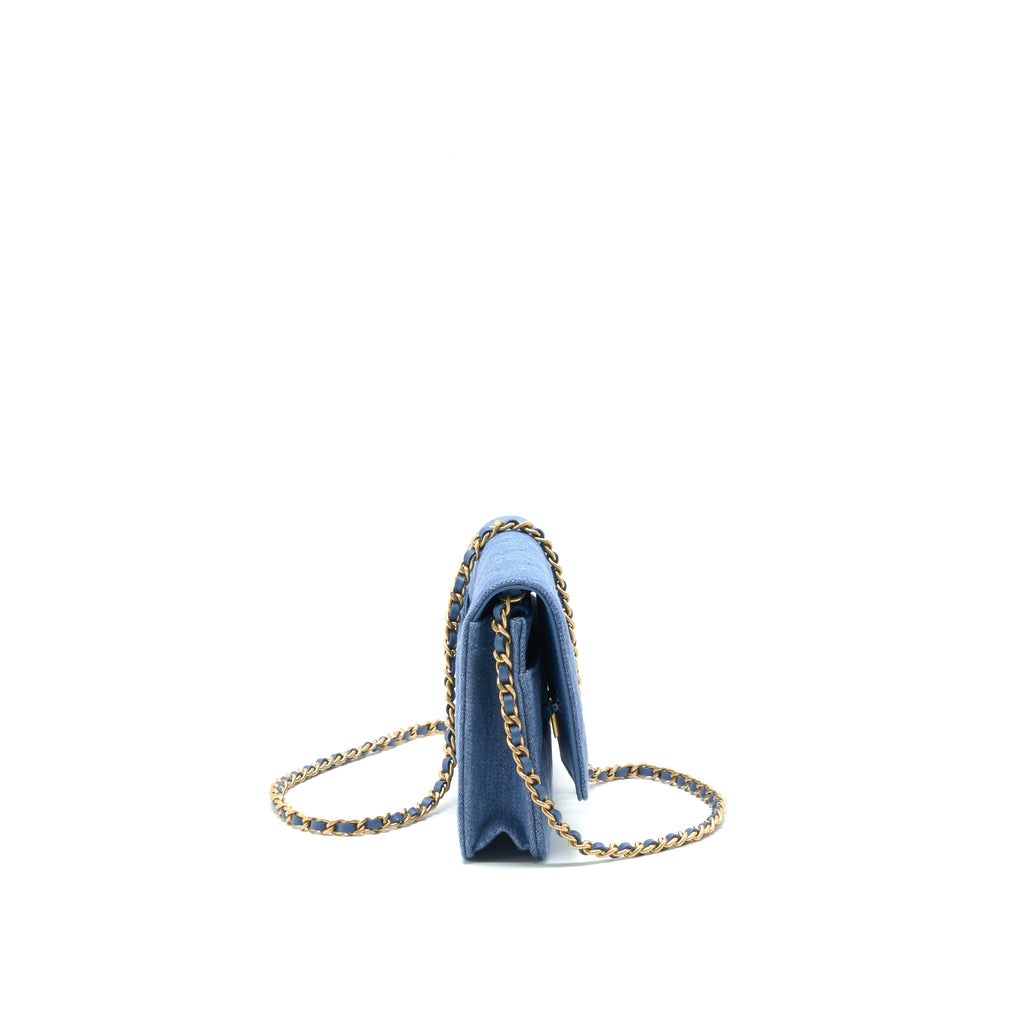 CHANEL 22C PEARL CRUSH  WALLET ON CHAIN DENIM GHW
