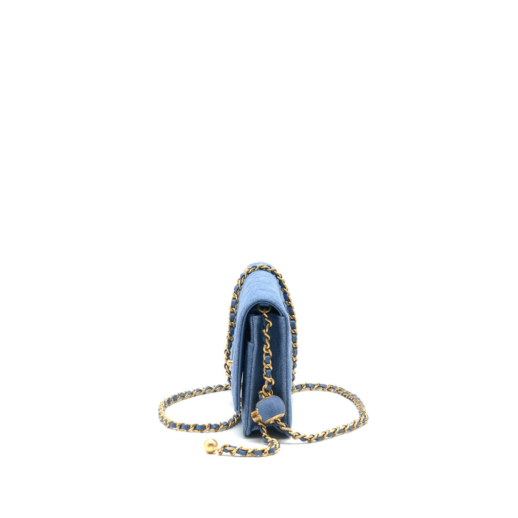 CHANEL 22C PEARL CRUSH  WALLET ON CHAIN DENIM GHW