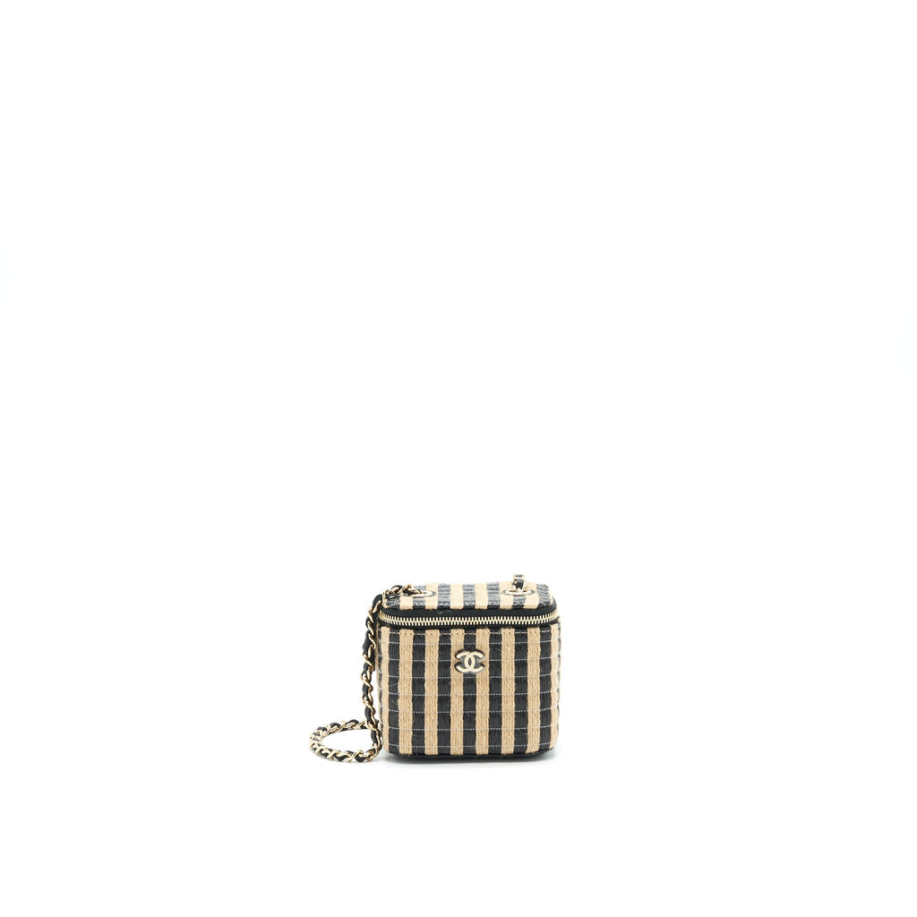 CHANEL SMALL VANITY WITH CHAIN RAFFIA BLACK BEIGE STRIPE