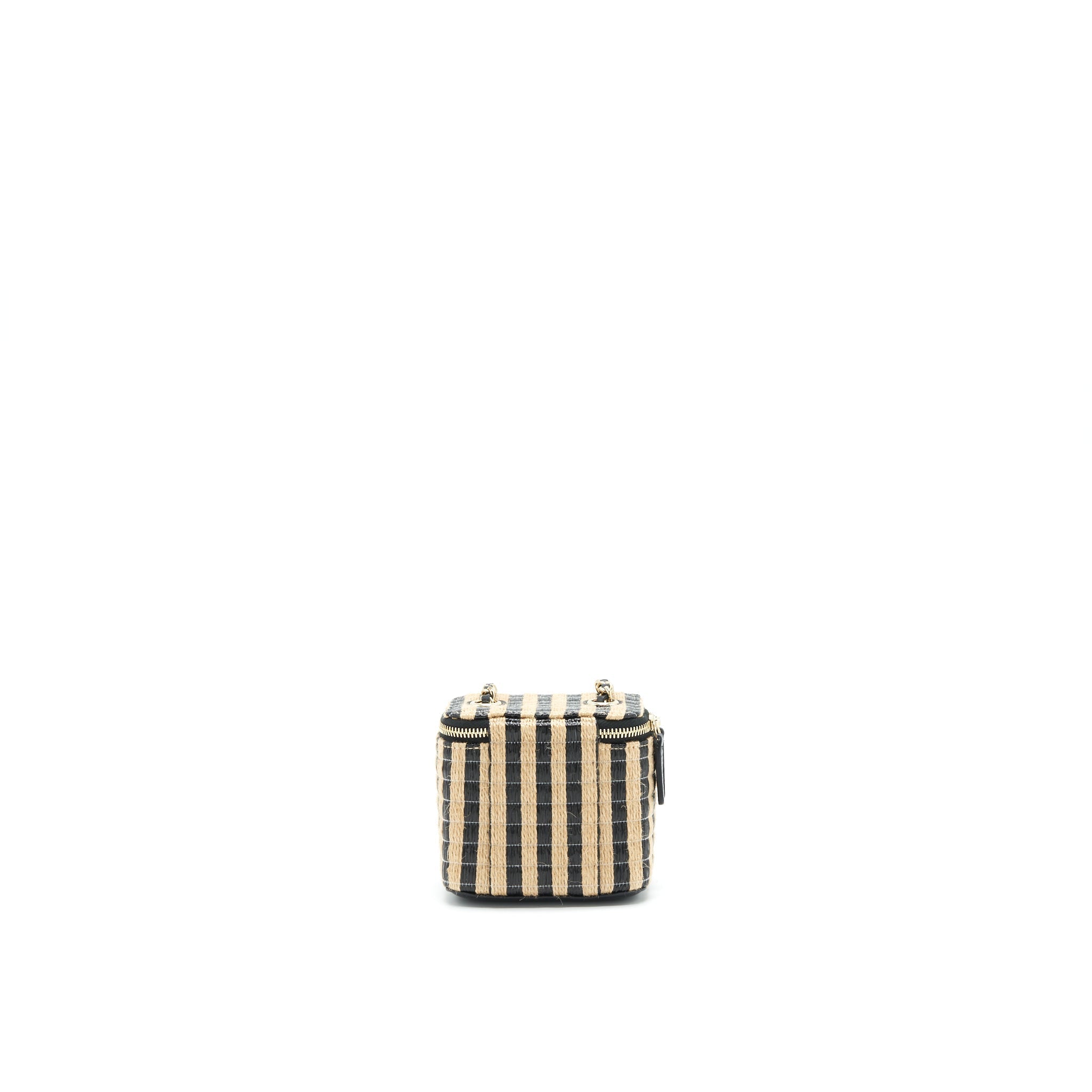 CHANEL SMALL VANITY WITH CHAIN RAFFIA BLACK BEIGE STRIPE