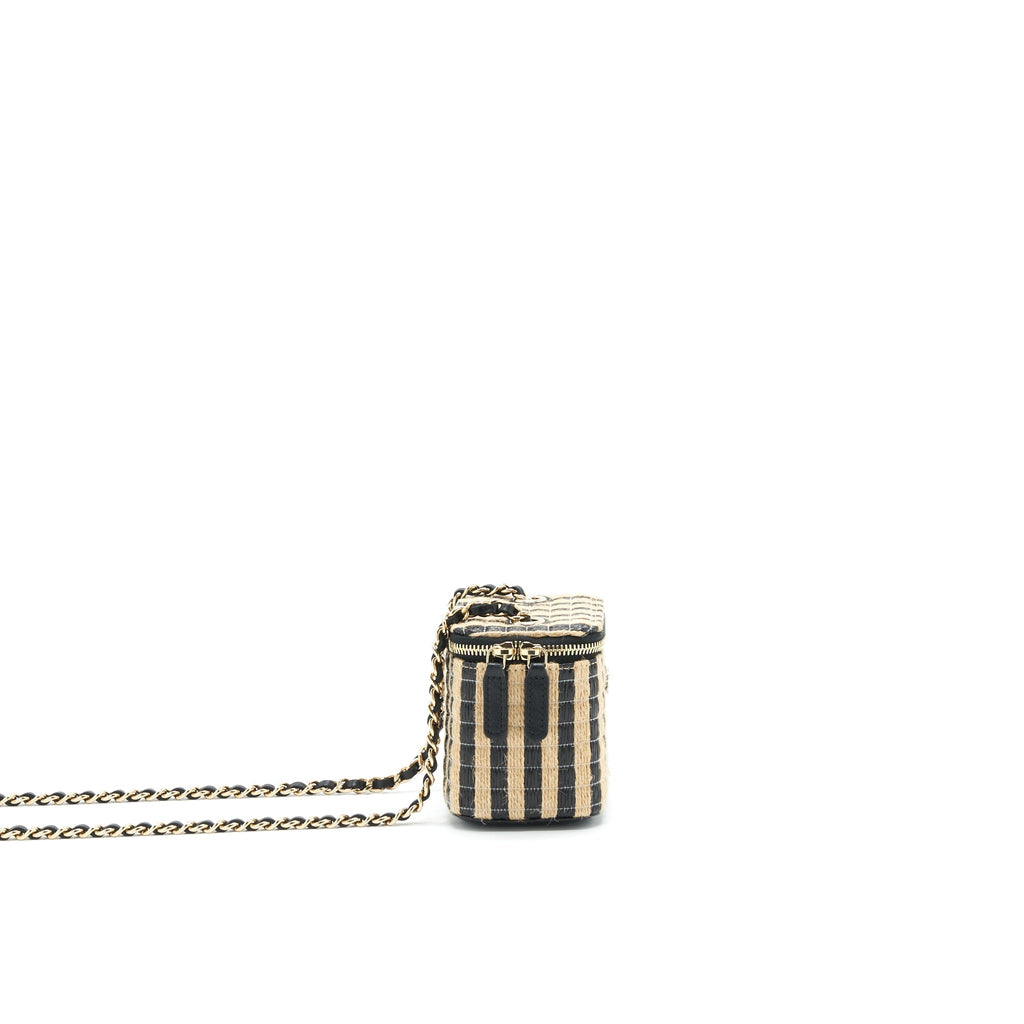 CHANEL SMALL VANITY WITH CHAIN RAFFIA BLACK BEIGE STRIPE