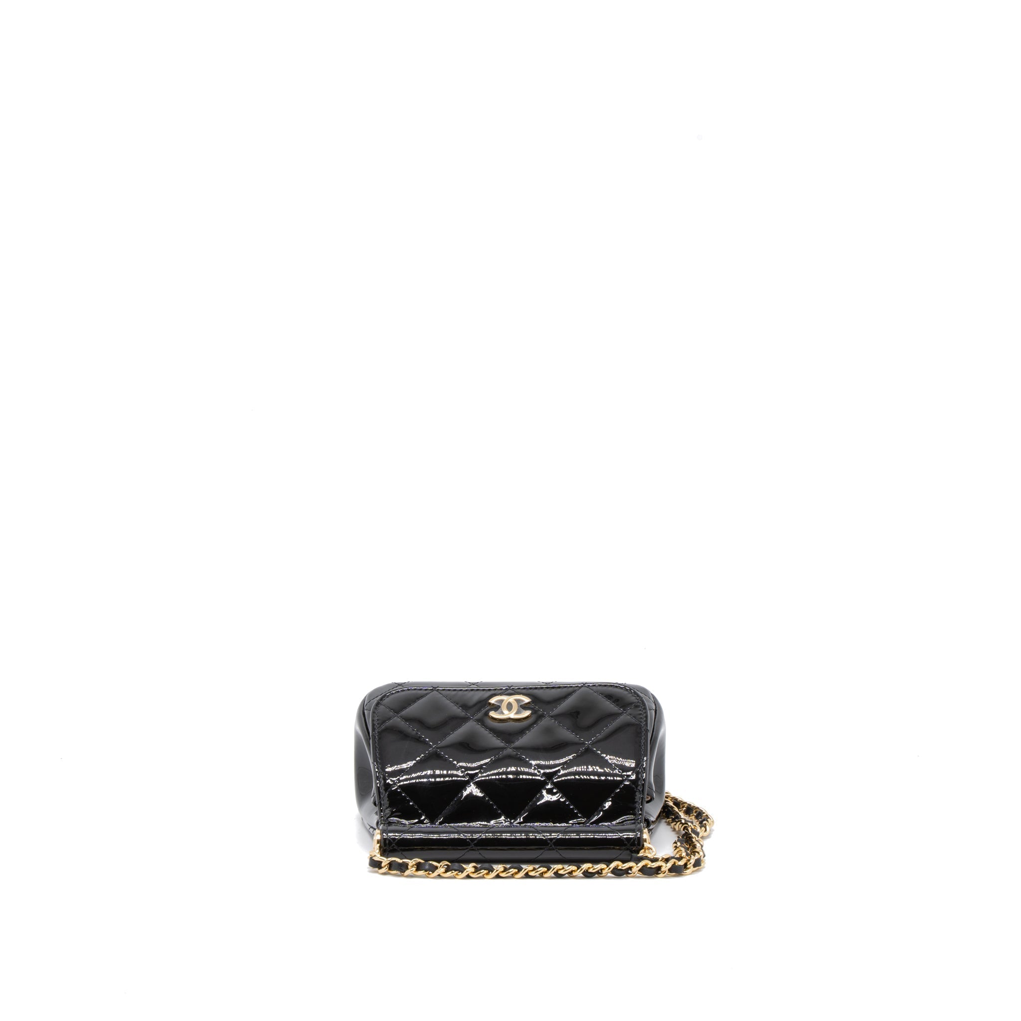 CHANEL 22K MINI CLUTCH WITH CHAIN PATENT BLACK GHW (MICROCHIP)
