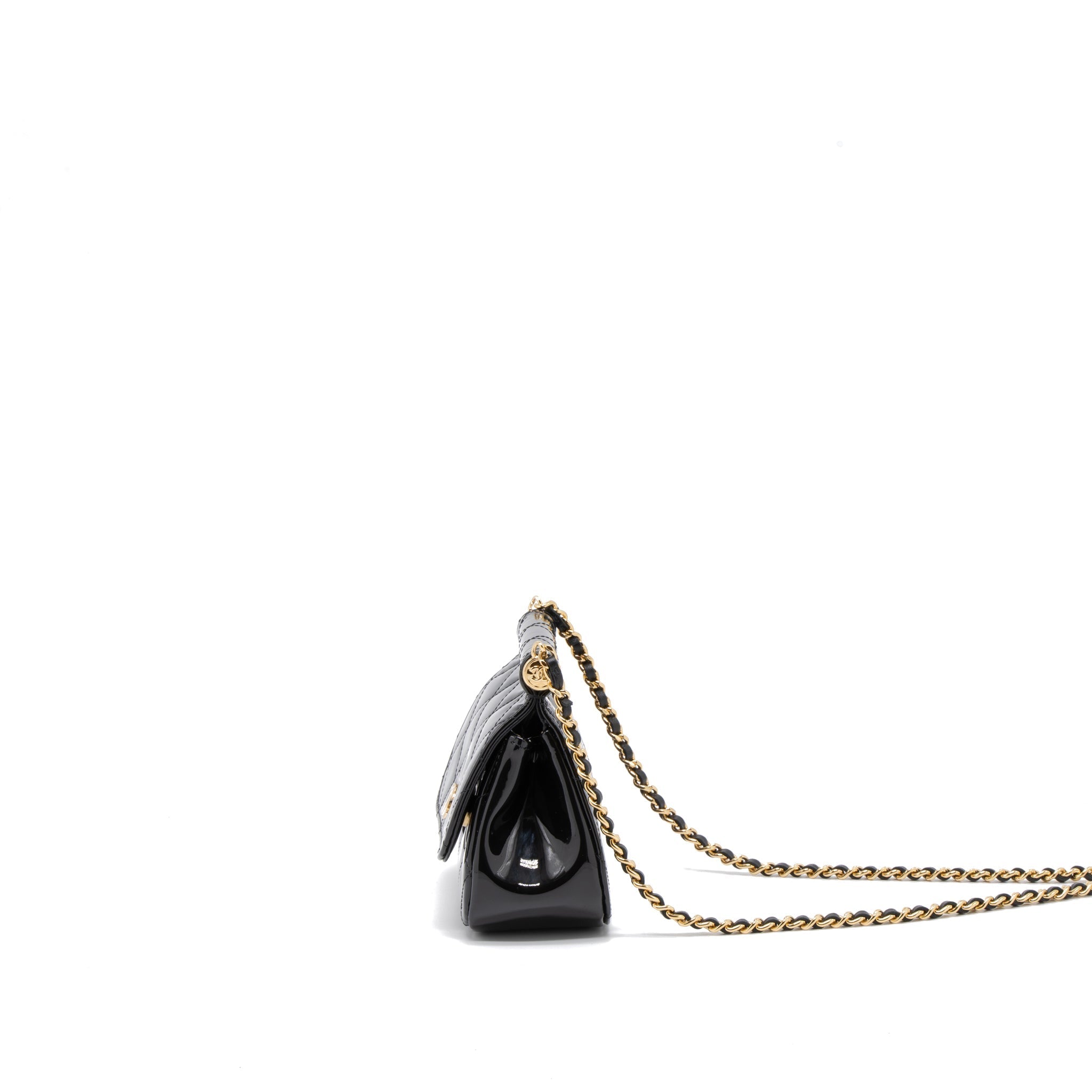 CHANEL 22K MINI CLUTCH WITH CHAIN PATENT BLACK GHW (MICROCHIP)