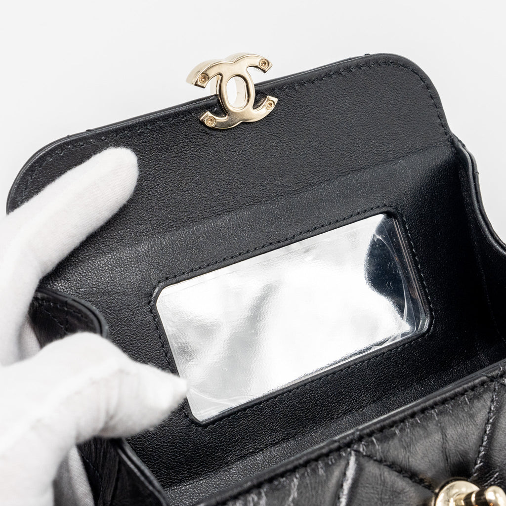 CHANEL 23K TOP HANDLE VANITY BAG SHINY CALFSKIN BLACK GHW (MICROCHIP)