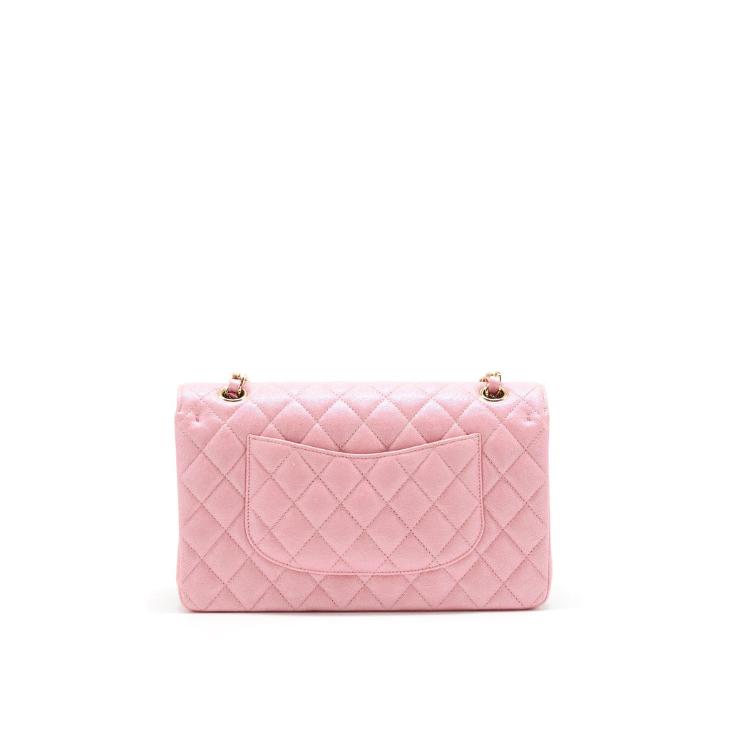 CHANEL IRIDESCENT PEARLY PINK MEDIUM CLASSIC DOUBLE FLAP BAG CAVIAR WITH LGHW
