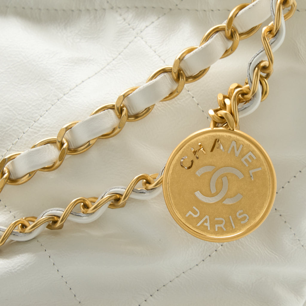 CHANEL LARGE 22 BAG CALFSKIN WHITE BRUSHED GHW (MICROCHIP)