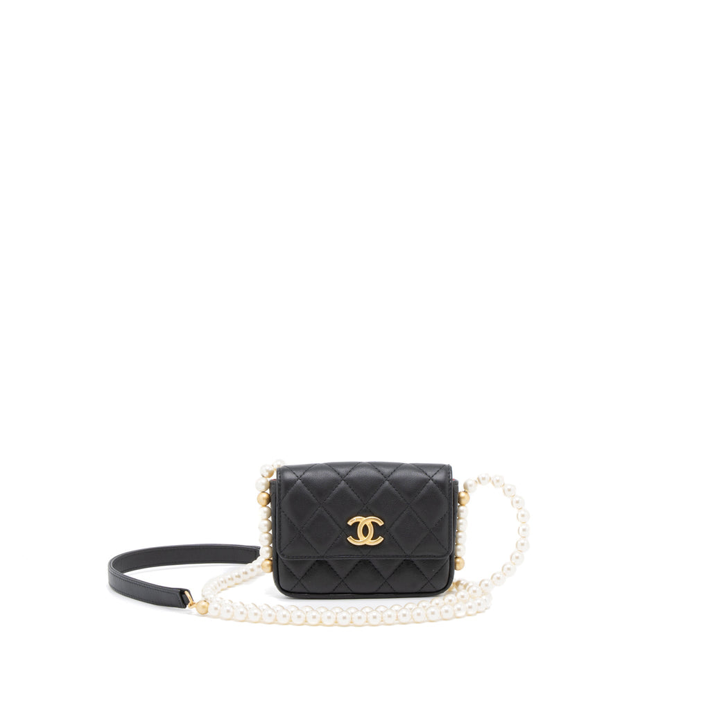 CHANEL PEARL CHAIN MINI FLAP BAG LAMBSKIN BLACK BRUSHED GHW