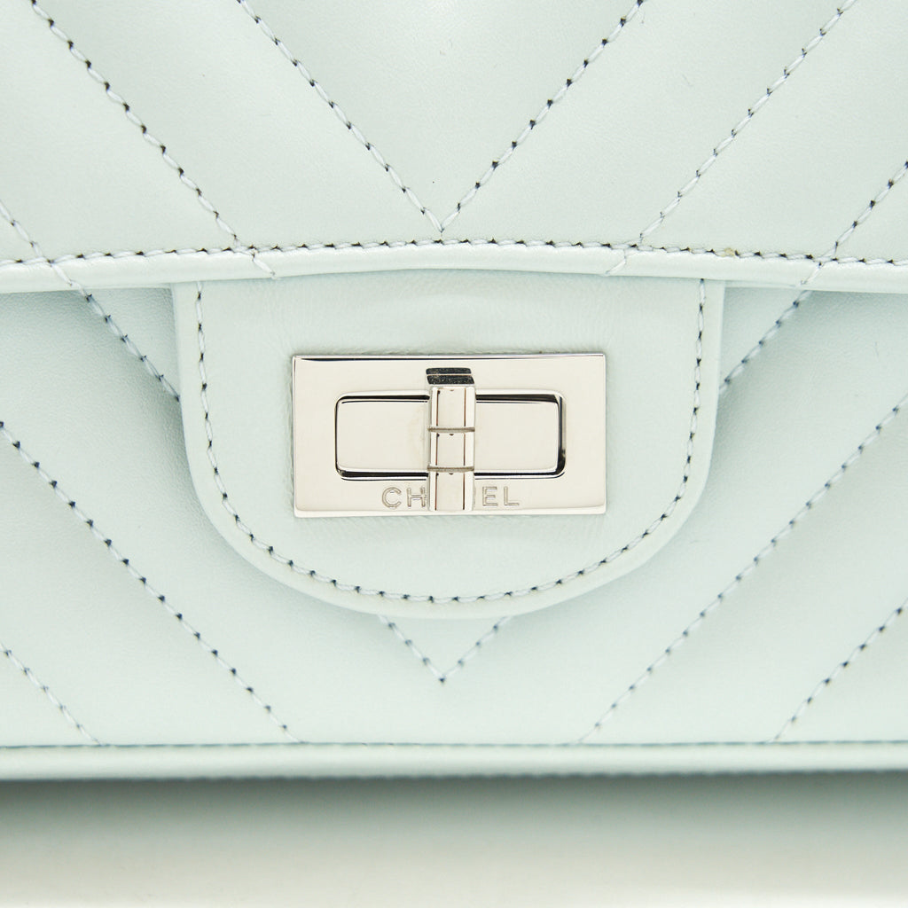 CHANEL CHEVRON MINI 2.55 REISSUE FLAP BAG CALFSKIN LIGHT BLUE SHW