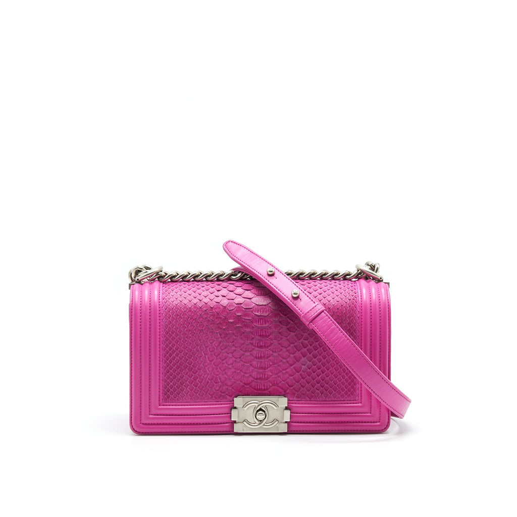 CHANEL MEDIUM LE BOY FLAP BAG IN PYTHON LEATHER PINK WITH BRUSHED SHW