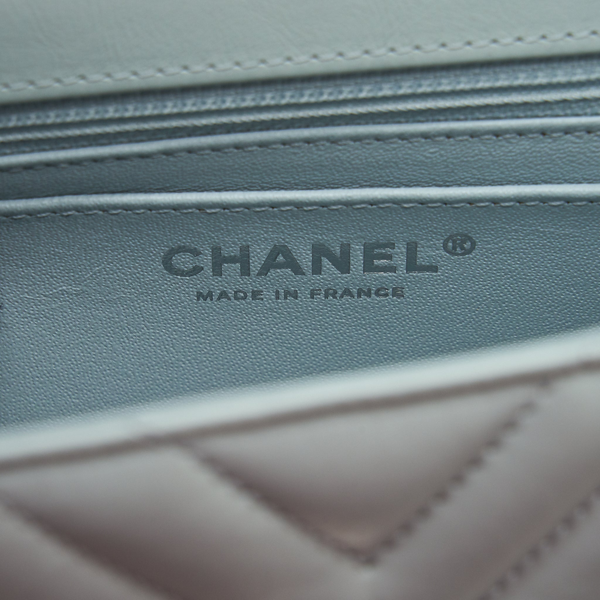 CHANEL CHEVRON MINI 2.55 REISSUE FLAP BAG CALFSKIN LIGHT BLUE SHW