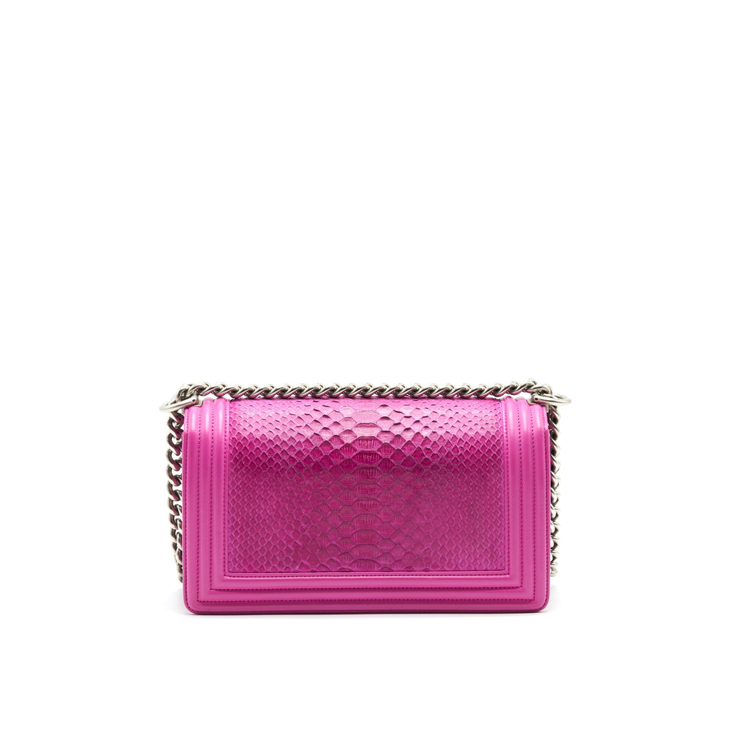 CHANEL MEDIUM LE BOY FLAP BAG IN PYTHON LEATHER PINK WITH BRUSHED SHW