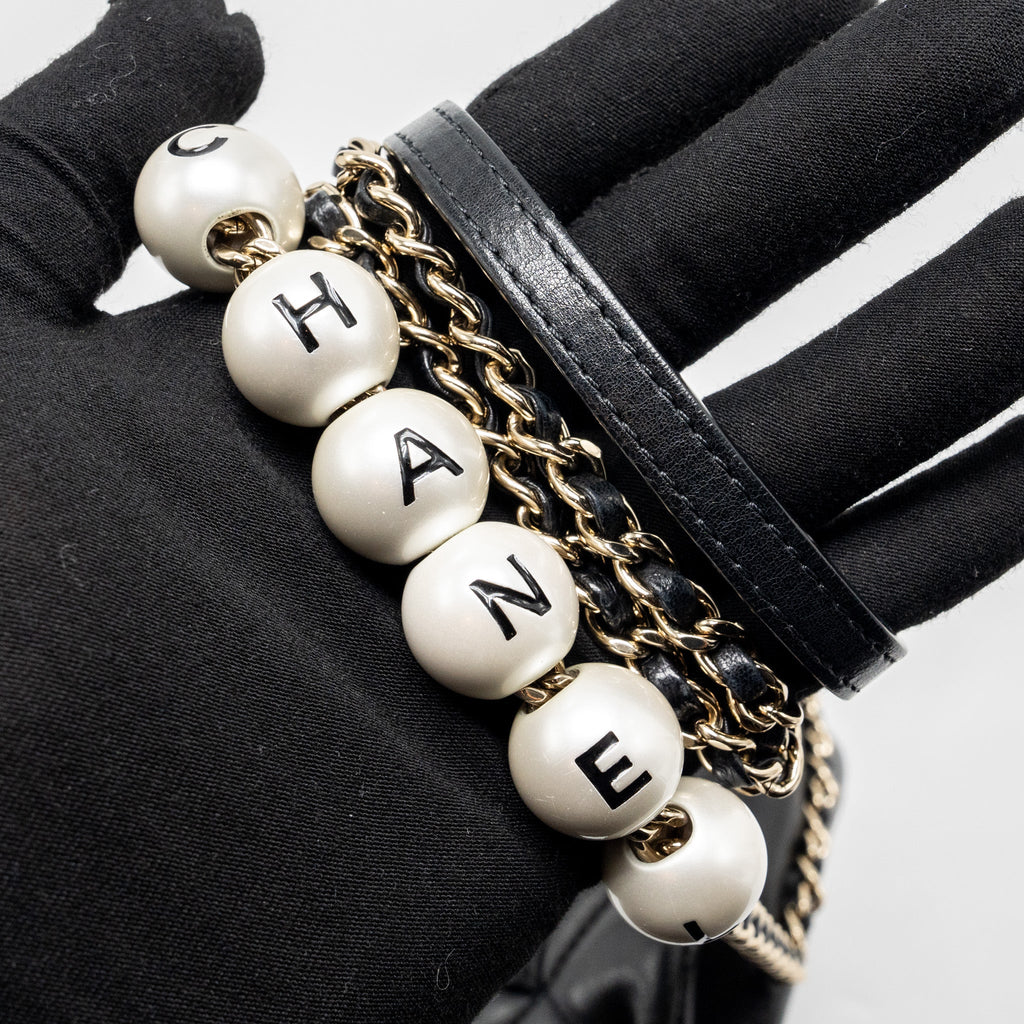CHANEL PEARL CHAIN QUILTED FLAP BAG LAMBSKIN BLACK GHW