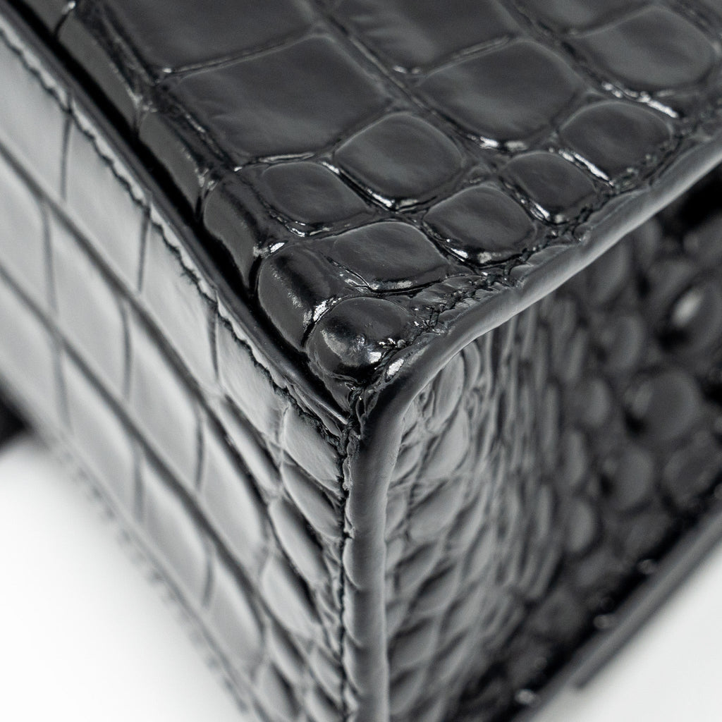 BALENCIAGA XS HOURGLASS CROC-EMBOSSED CALFSKIN SO BLACK