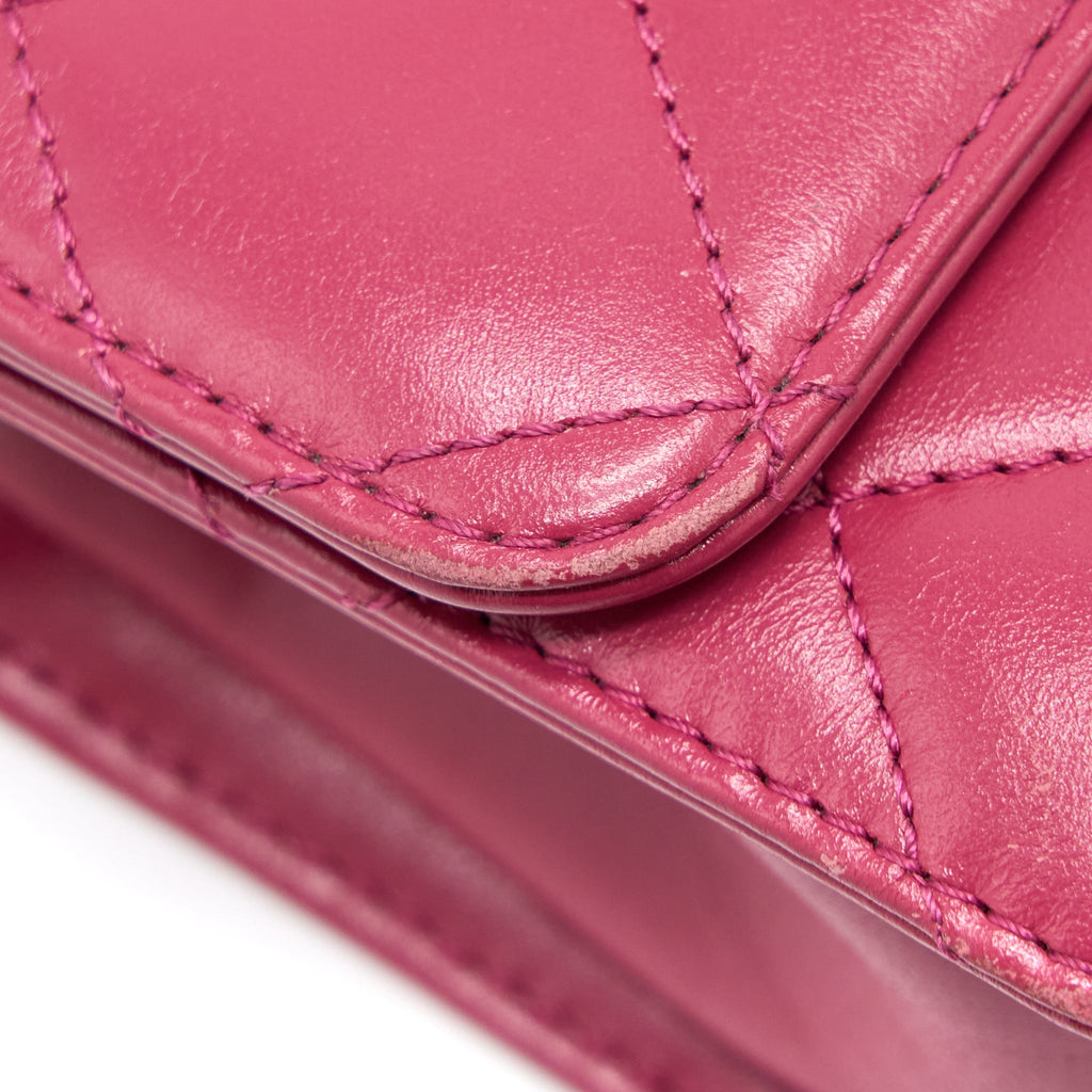 CHANEL 21A SMALL GOLD CRUSH FLAP BAG CALFSKIN RASPBERRY PINK BRUSHED GHW (MICROCHIP)