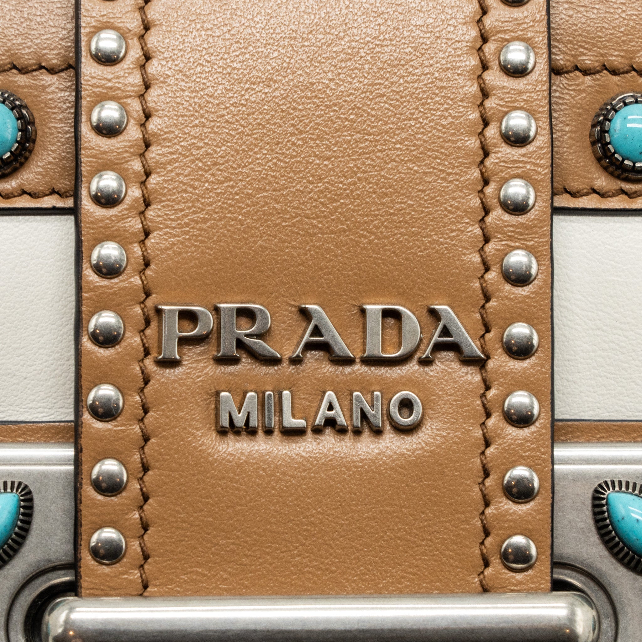 PRADA CAHIER EMBELLISHED TWO-TONE LEATHER SHOULDER BAG WHITE / CARAMEL SHW