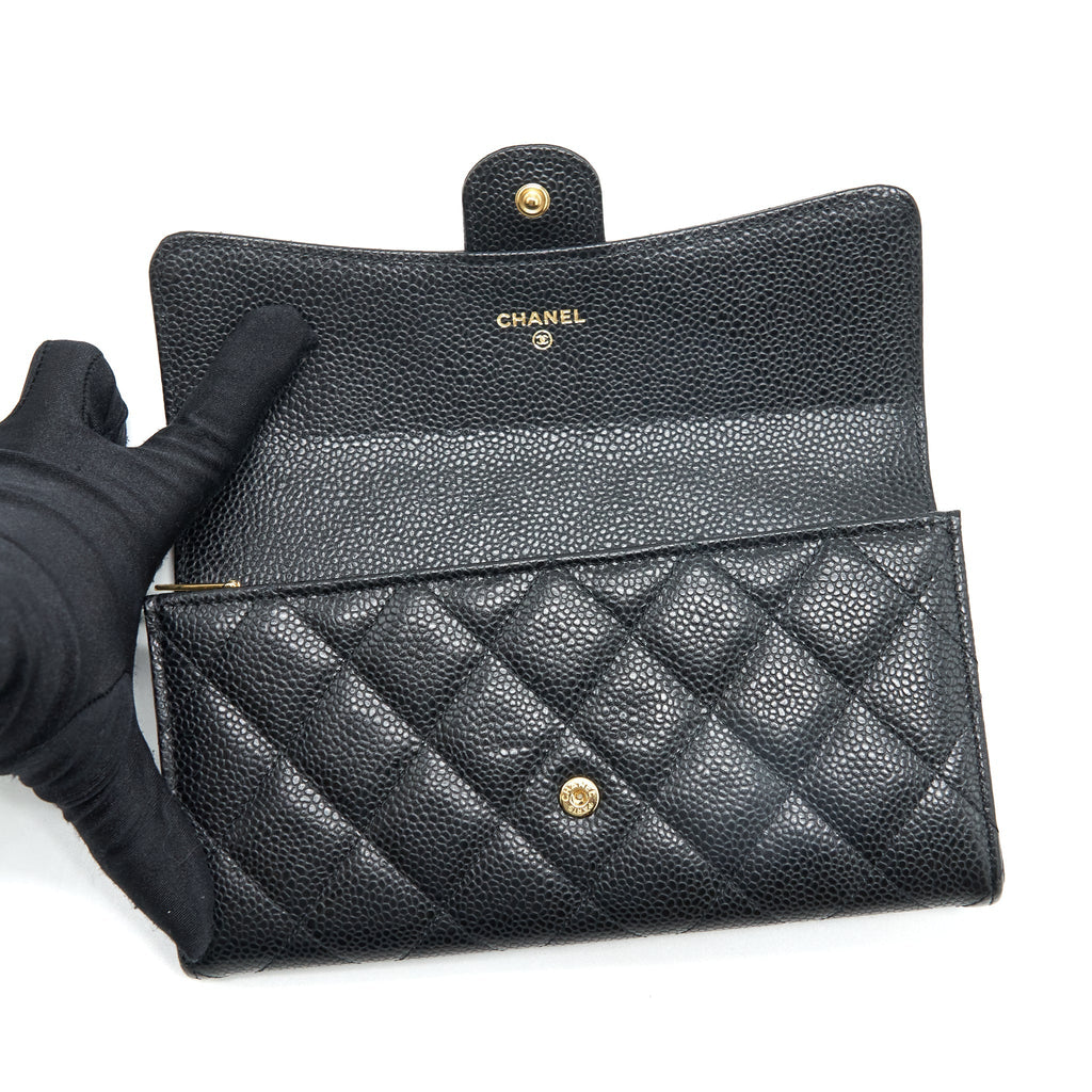 CHANEL CLASSIC LONG FLAP WALLET CAVIAR BLACK GHW