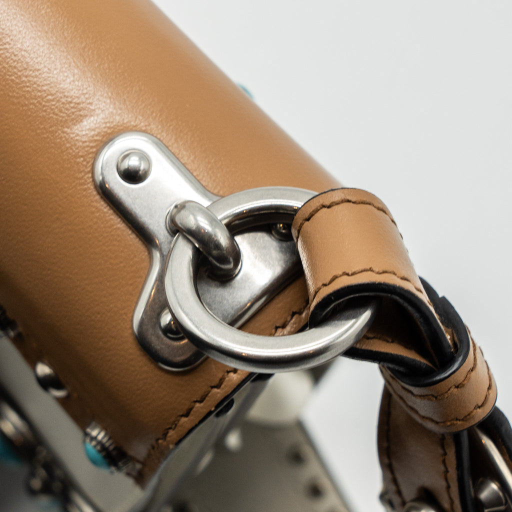 PRADA CAHIER EMBELLISHED TWO-TONE LEATHER SHOULDER BAG WHITE / CARAMEL SHW