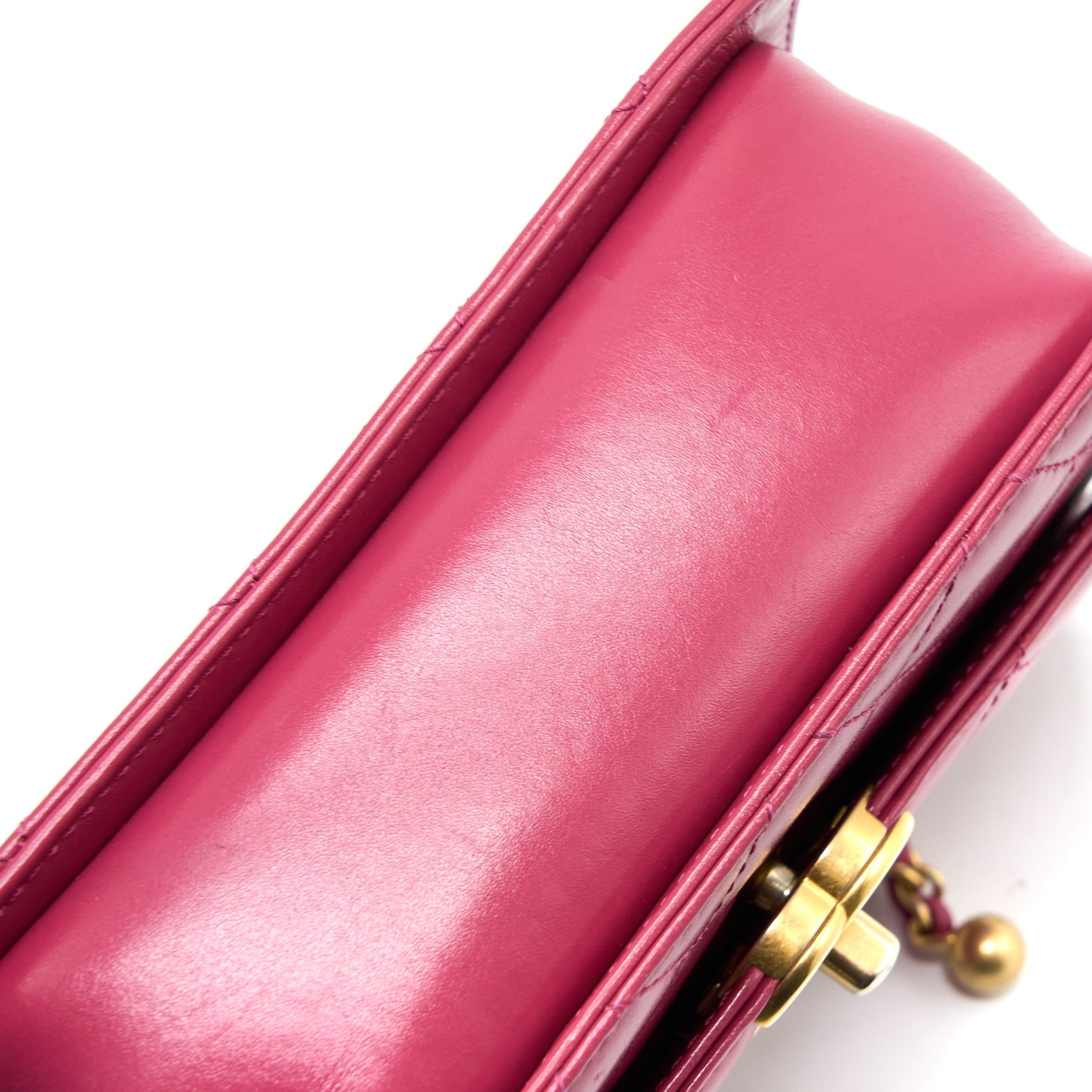 CHANEL 21A SMALL GOLD CRUSH FLAP BAG CALFSKIN RASPBERRY PINK BRUSHED GHW (MICROCHIP)
