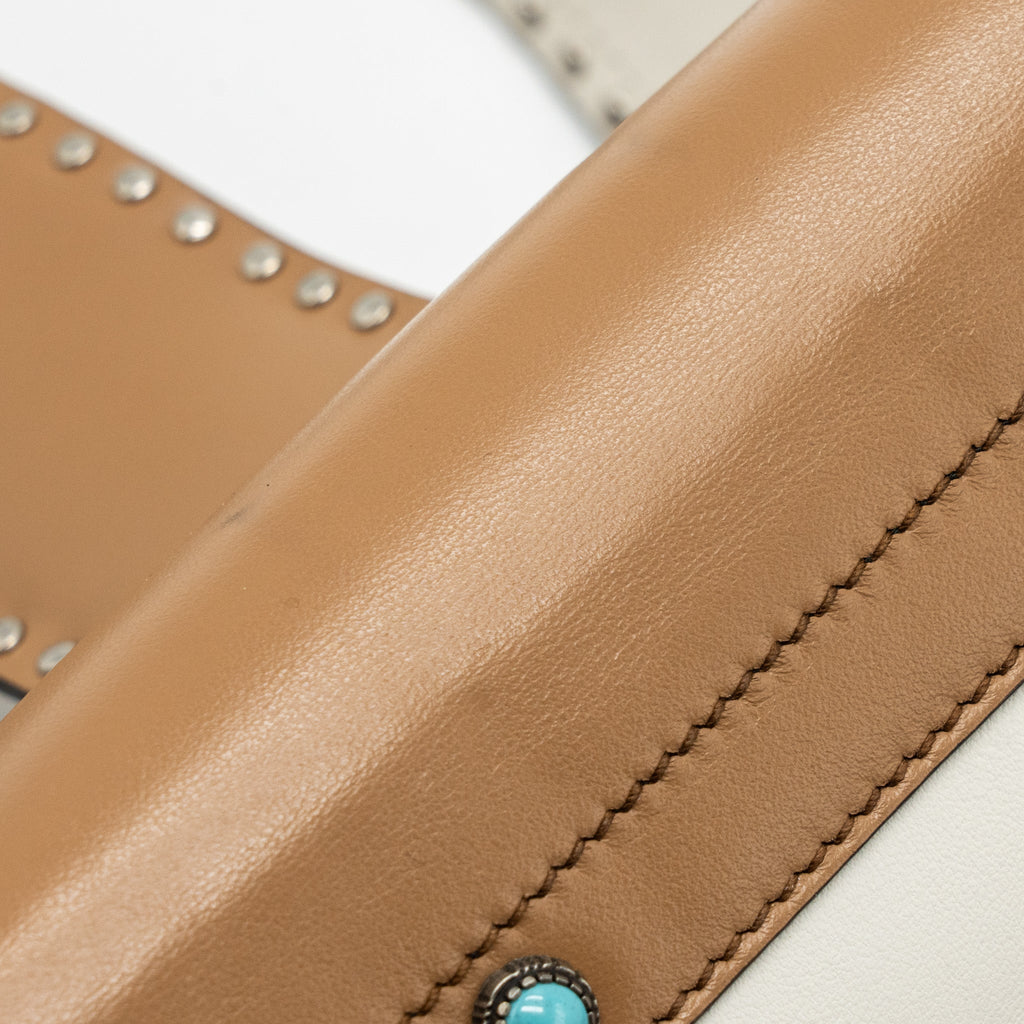 PRADA CAHIER EMBELLISHED TWO-TONE LEATHER SHOULDER BAG WHITE / CARAMEL SHW