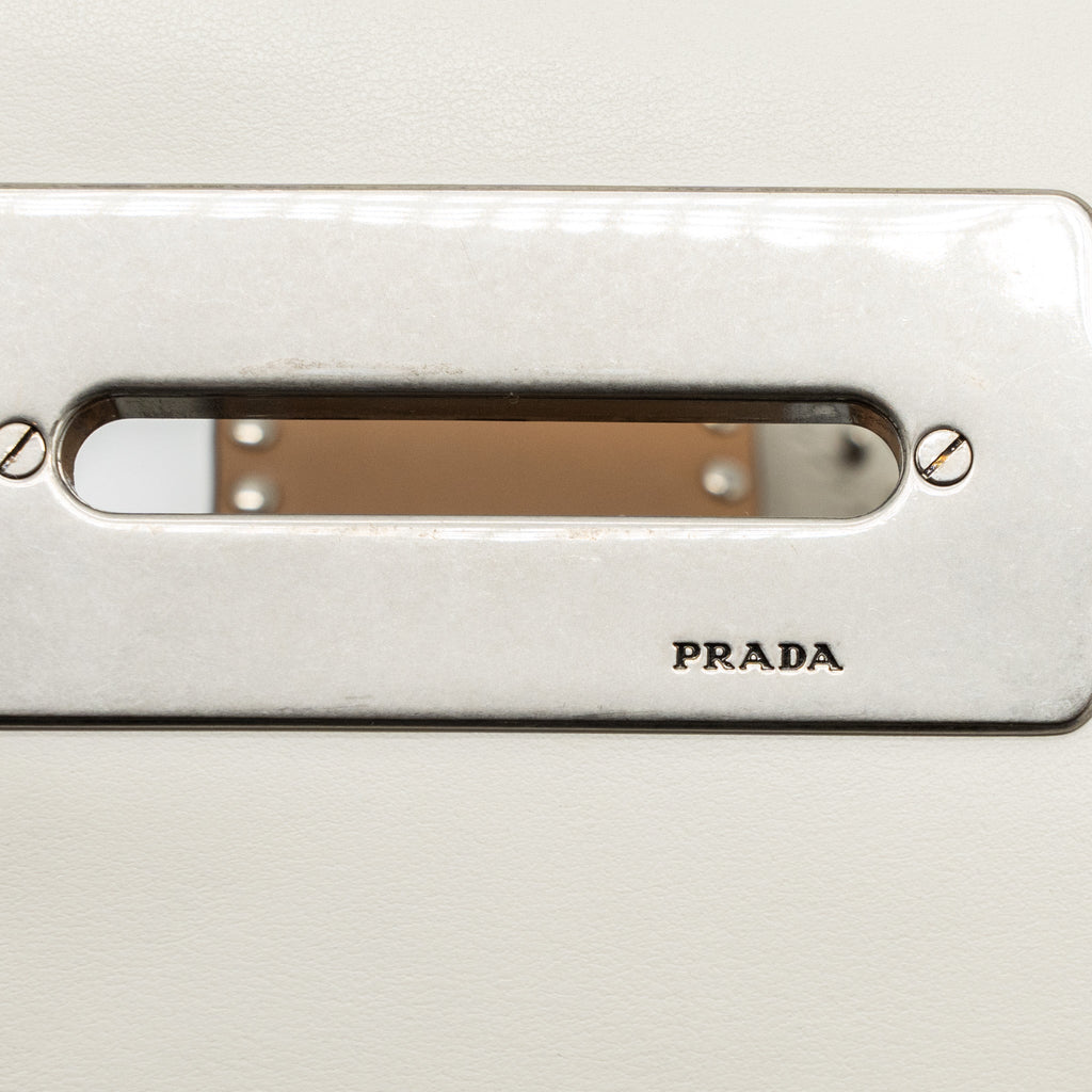 PRADA CAHIER EMBELLISHED TWO-TONE LEATHER SHOULDER BAG WHITE / CARAMEL SHW