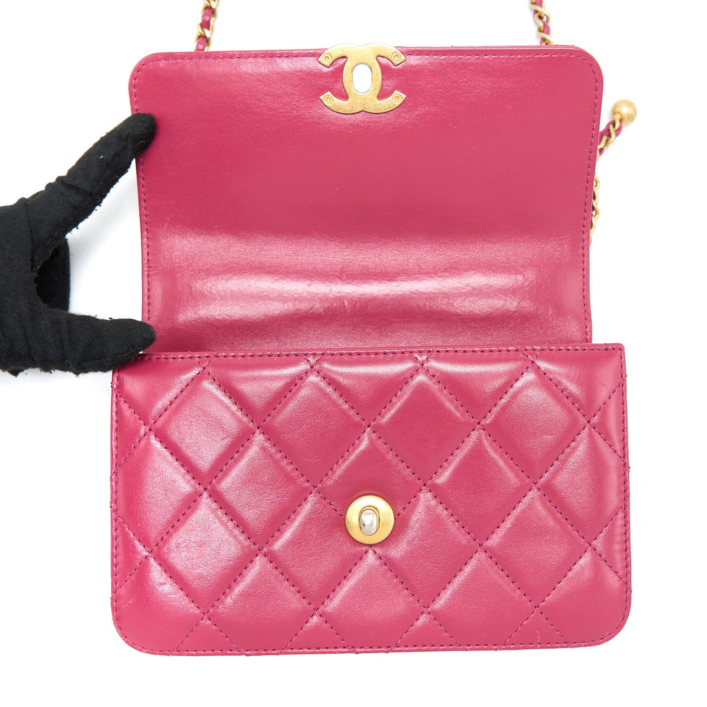 CHANEL 21A SMALL GOLD CRUSH FLAP BAG CALFSKIN RASPBERRY PINK BRUSHED GHW (MICROCHIP)