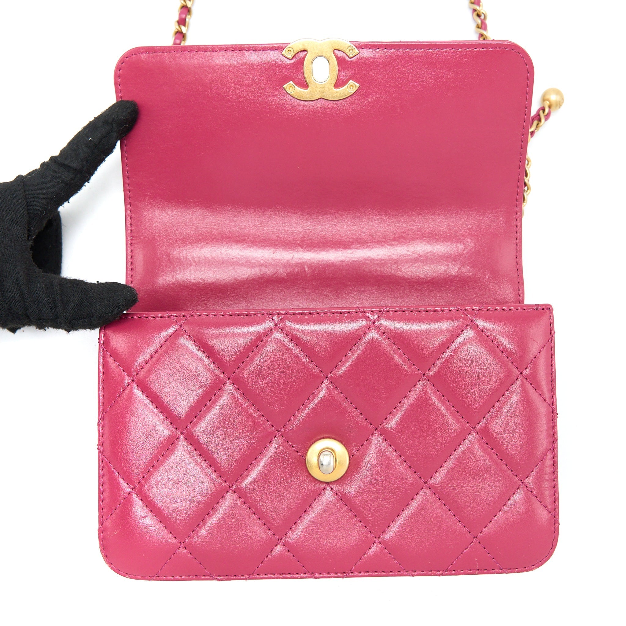 CHANEL 21A SMALL GOLD CRUSH FLAP BAG CALFSKIN RASPBERRY PINK BRUSHED GHW (MICROCHIP)