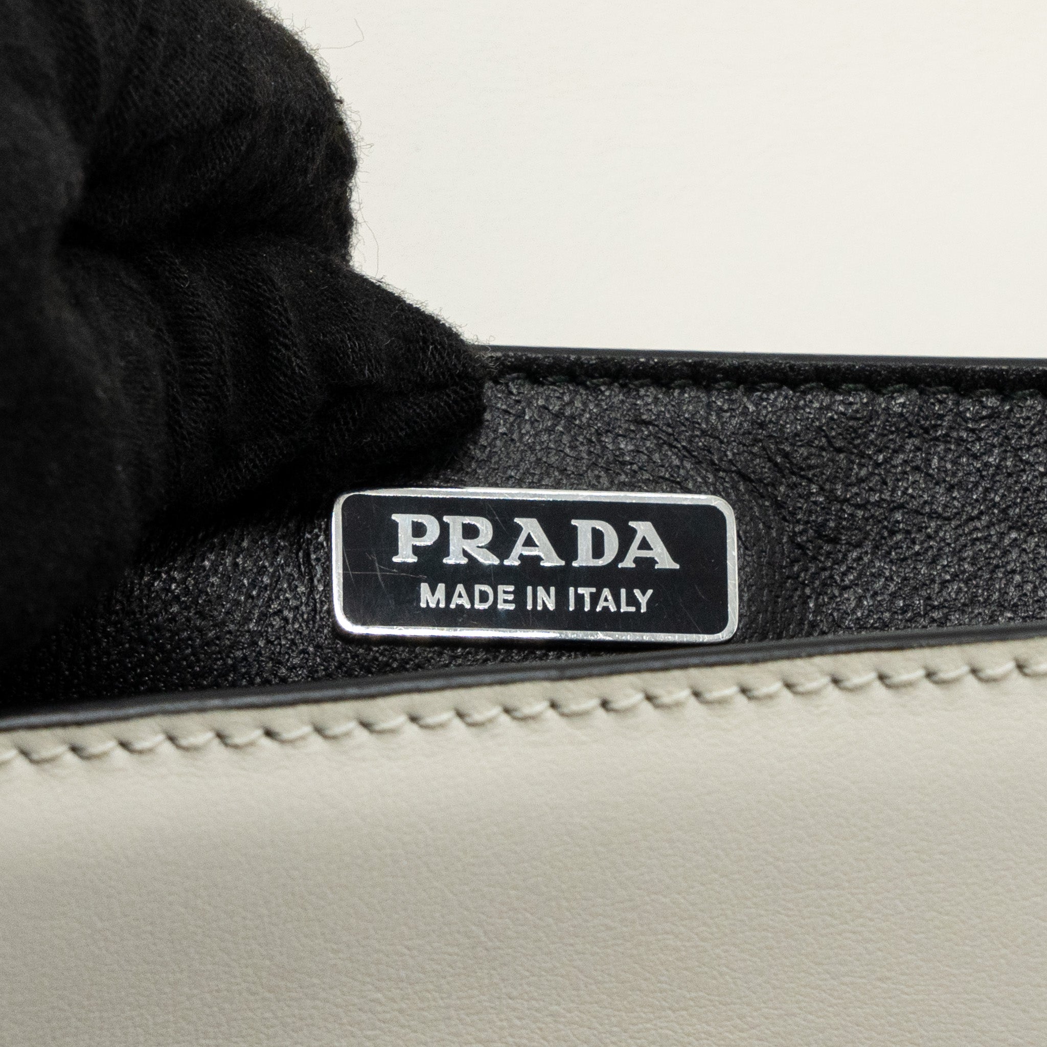 PRADA CAHIER EMBELLISHED TWO-TONE LEATHER SHOULDER BAG WHITE / CARAMEL SHW