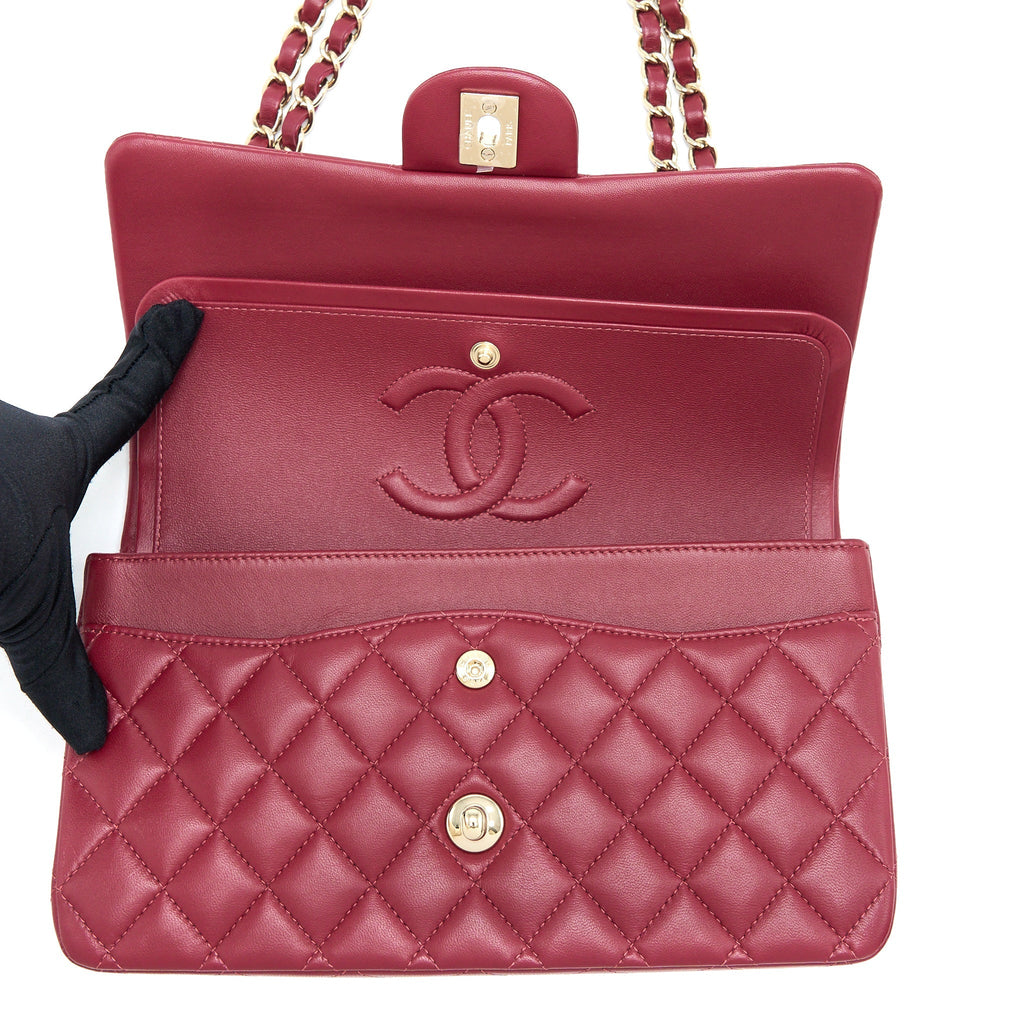 CHANEL MEDIUM CLASSIC FLAP BAG LAMBSKIN DARK RED LGHW (MICROCHIP)