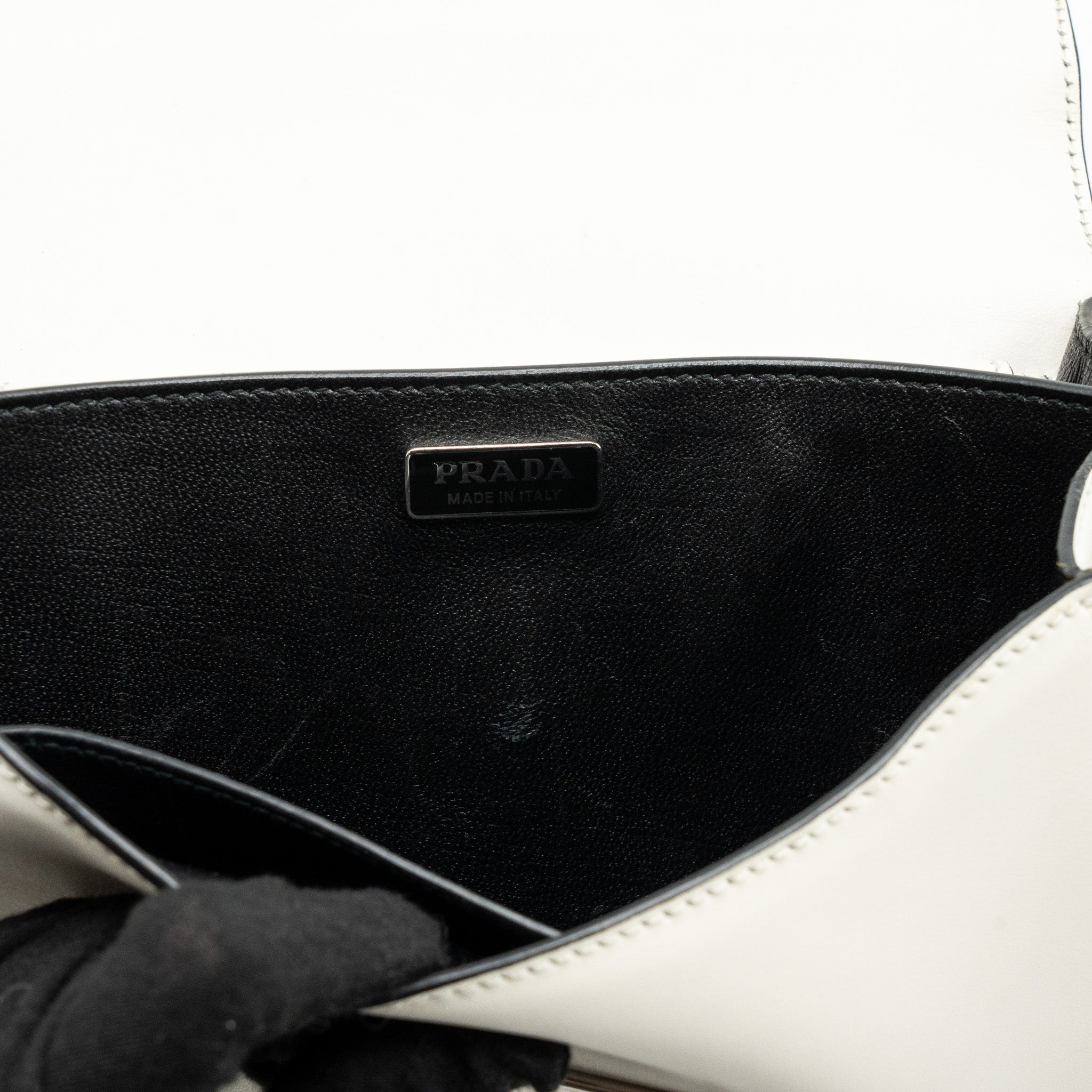 PRADA CAHIER EMBELLISHED TWO-TONE LEATHER SHOULDER BAG WHITE / CARAMEL SHW